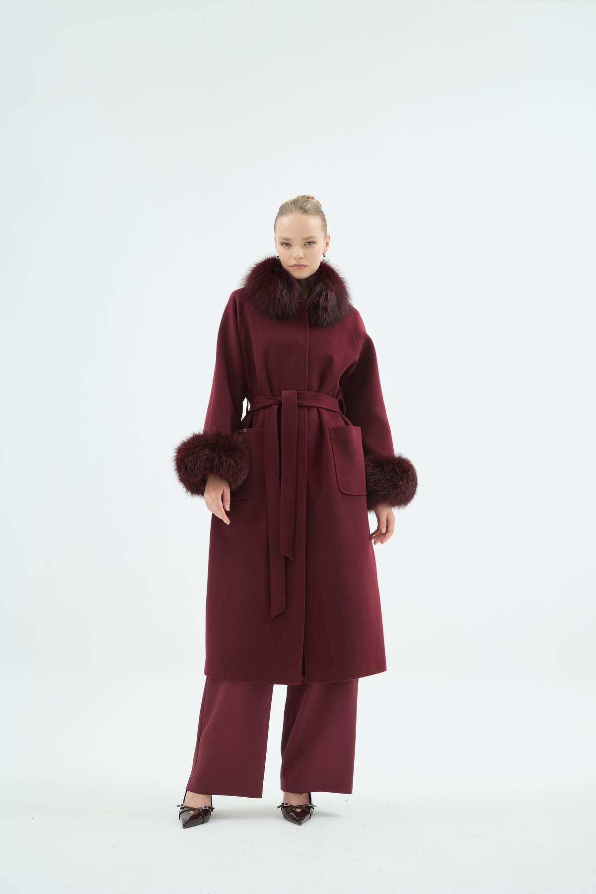 Lunara Kürk Yakalı Ve Kürk Manşetli Kaban Bordo