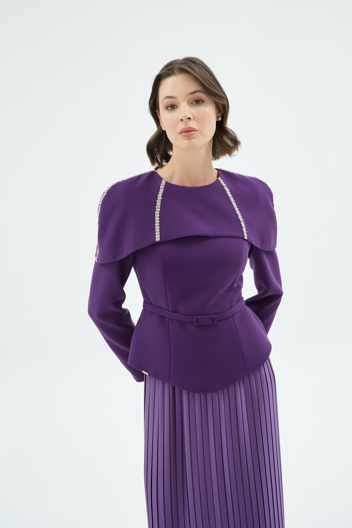 Majeste Fonksiyonel Taş İşlemeli Pelerin Detaylı ve Etekli Abiye 2'li Takım Mor