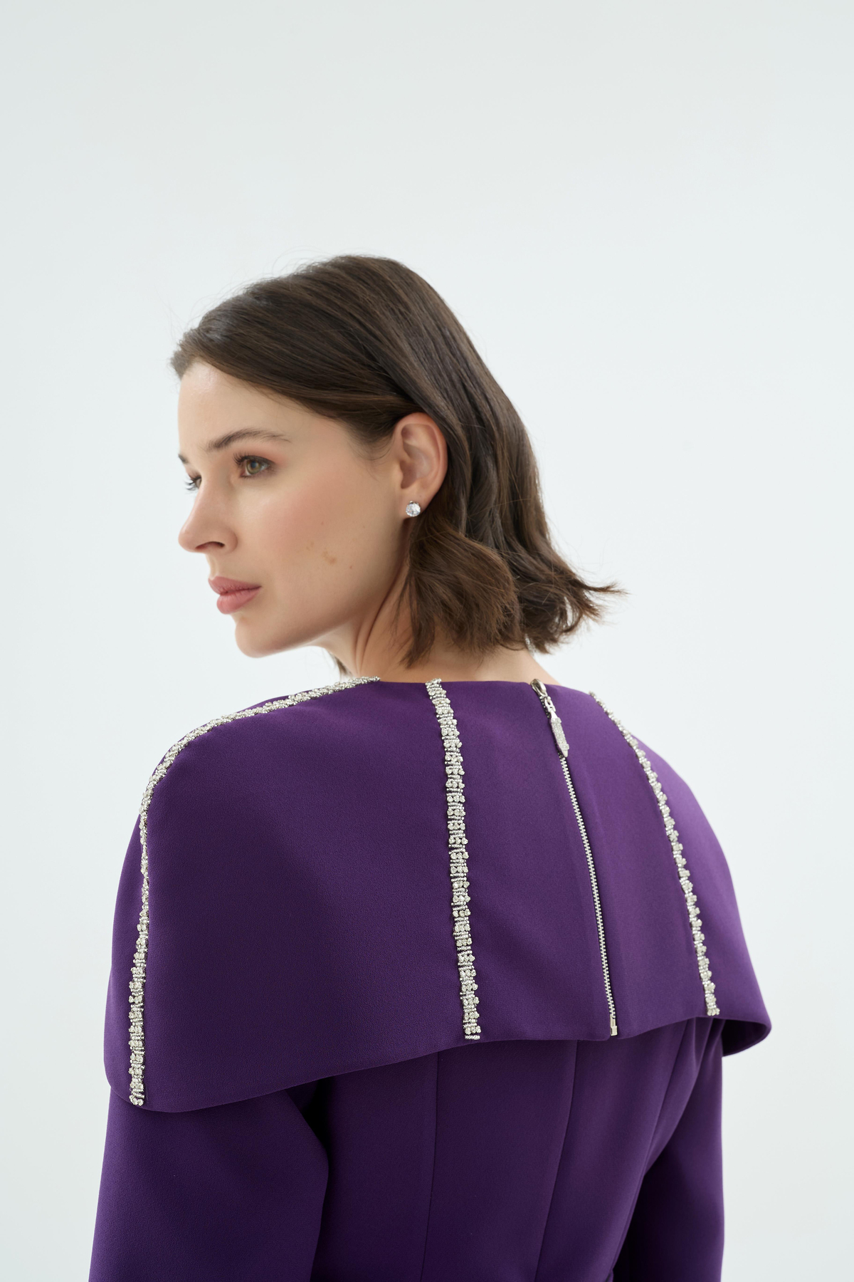 Majeste Fonksiyonel Taş İşlemeli Pelerin Detaylı ve Etekli Abiye 2'li Takım Mor