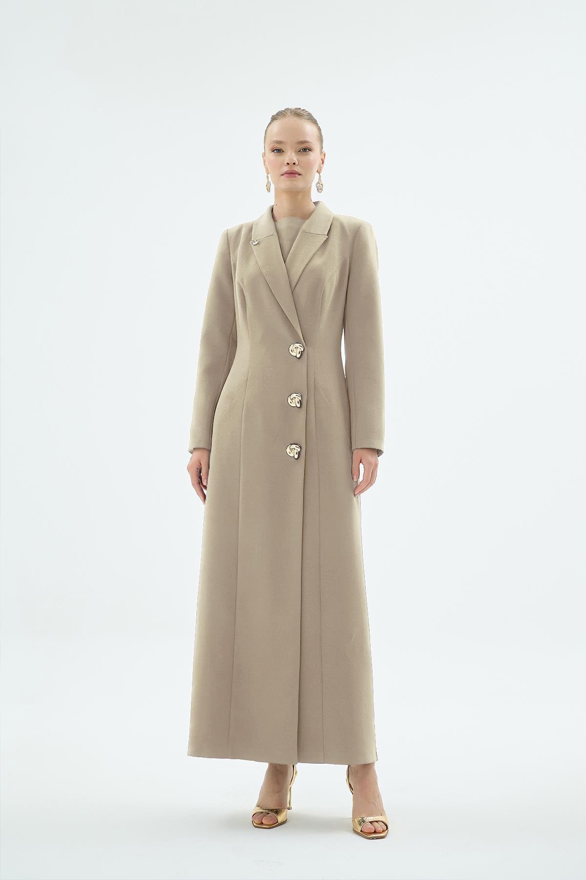 Marin Dore Düğmeli Ceket Yaka Elbise Bej