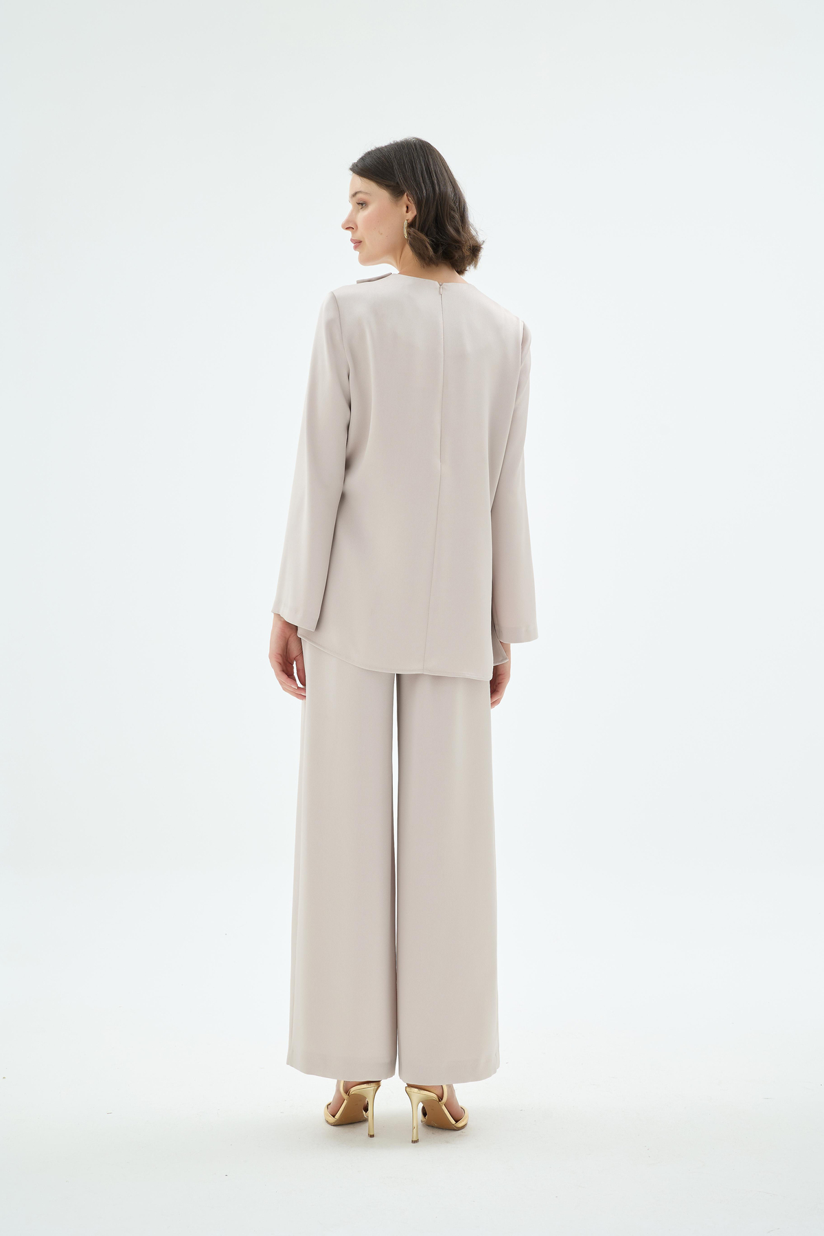 Nara Kare Düğme Detaylı Bluz ve Pantolon 2'li Takım Taş