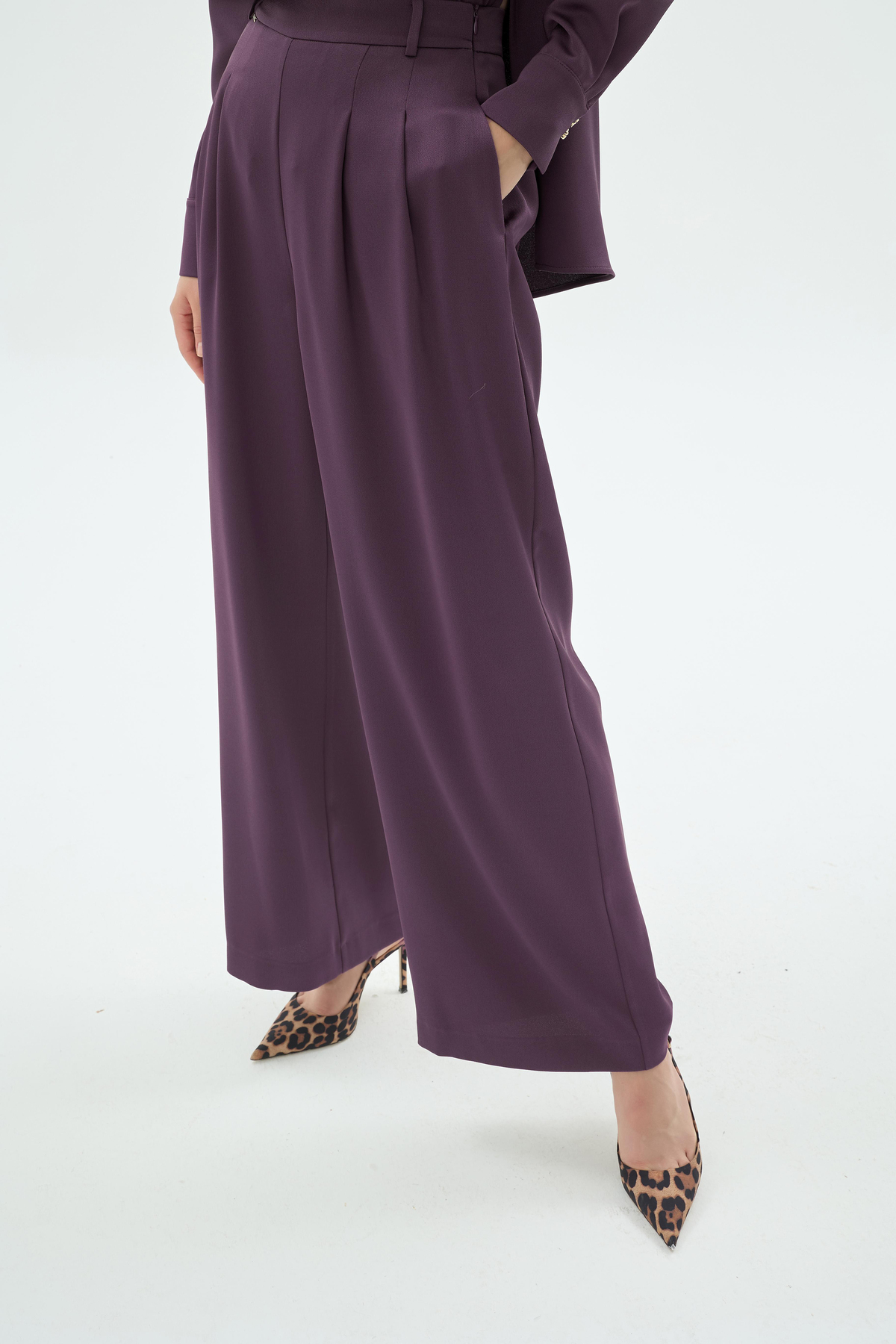 Natali Yüksek Bel Bol Paça Pantolon Mürdüm