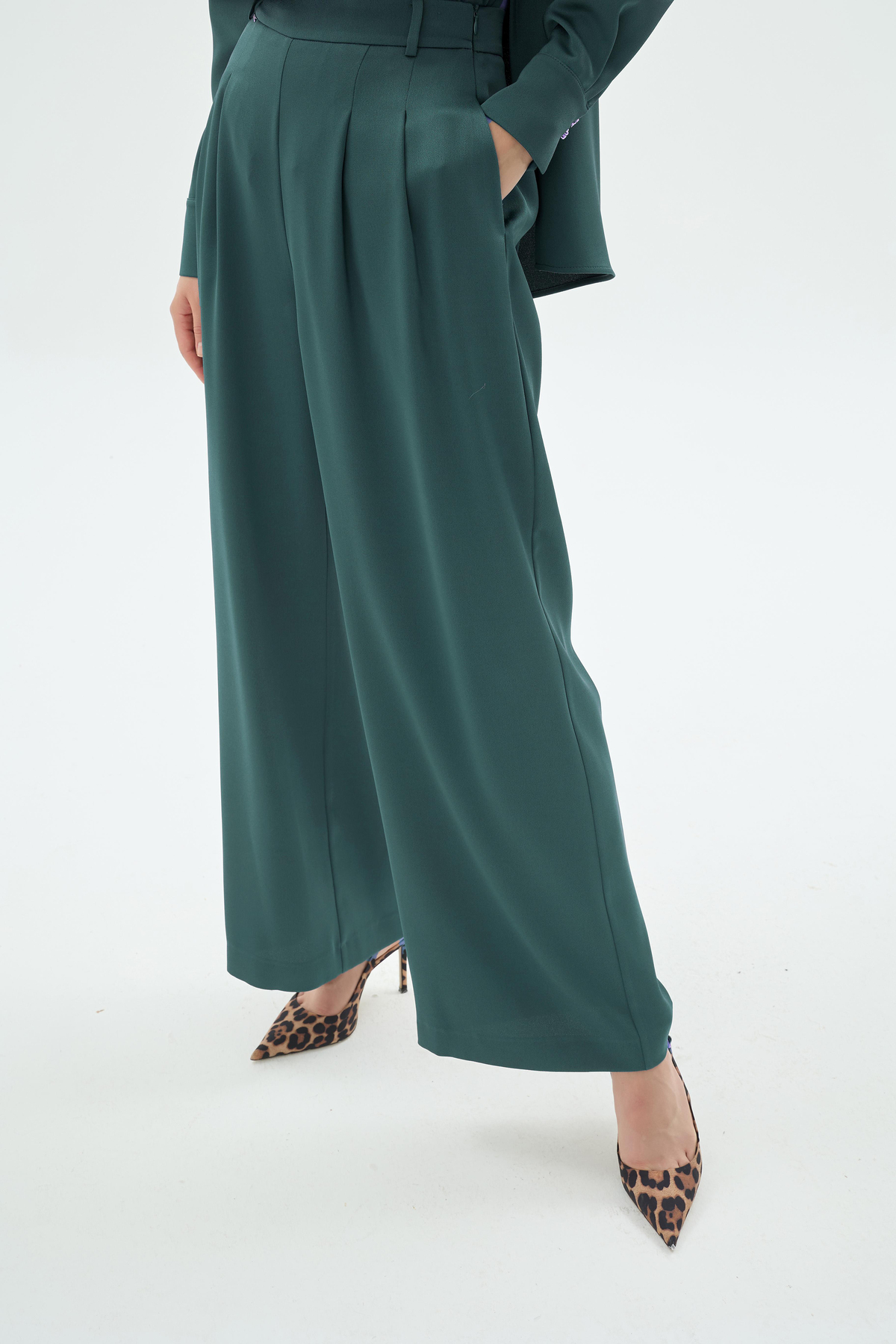 Natali Yüksek Bel Bol Paça Pantolon Zümrüt