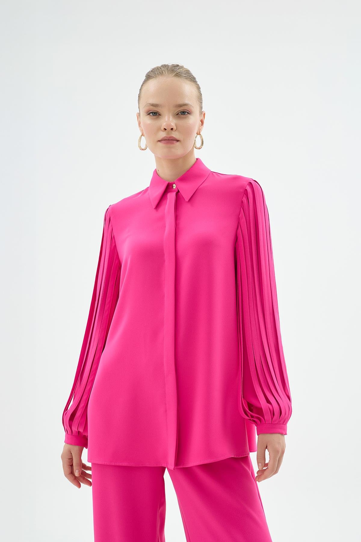 Nicole Şerit Kol Detaylı Gömlek Fuşya