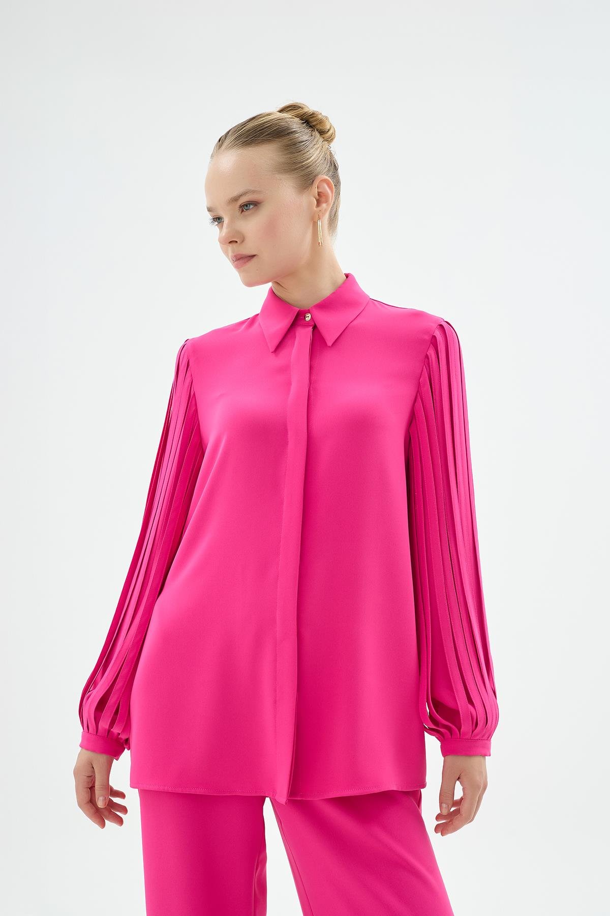Nicole Şerit Kol Detaylı Gömlek Fuşya