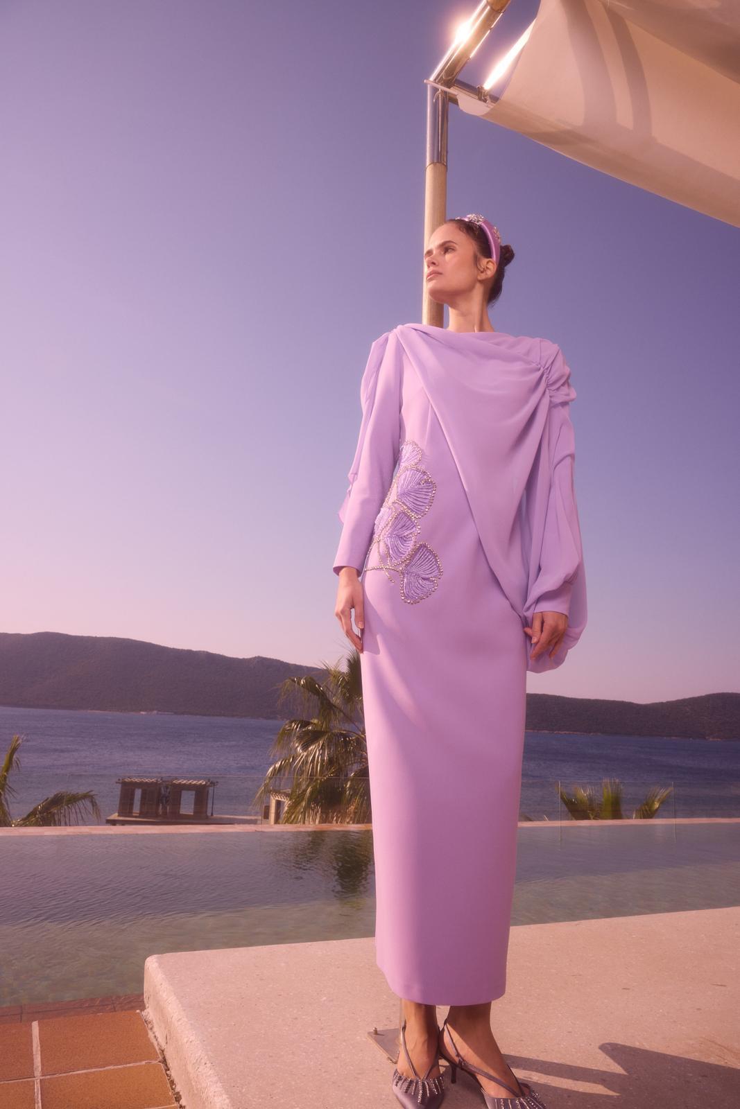 Peony Nakişli Elbise Lila