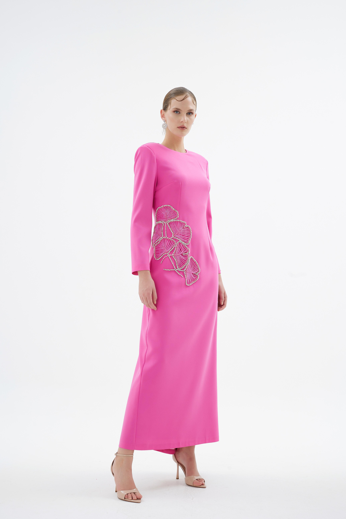 Peony Nakişli Elbise Pembe