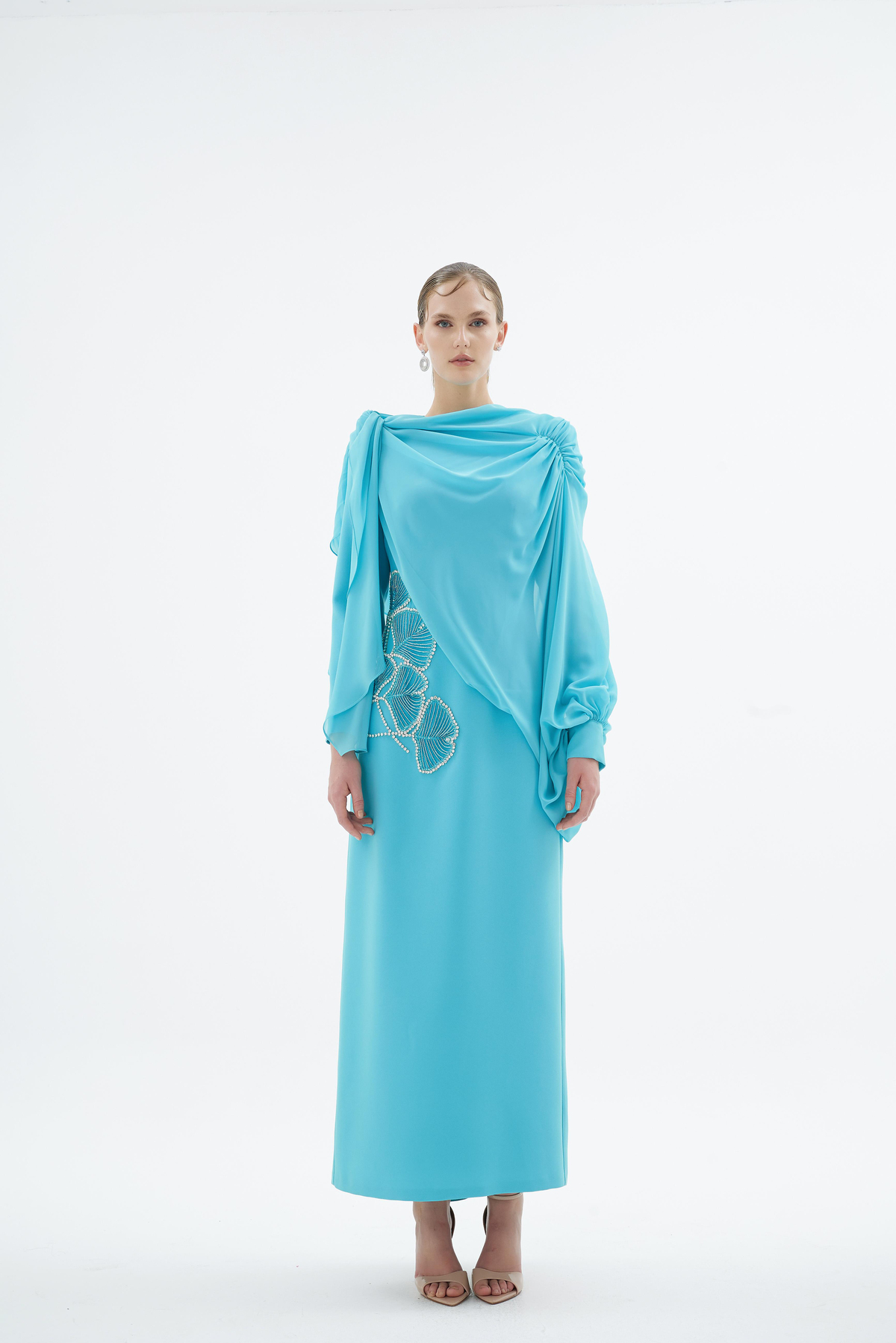 Peony Nakişli Elbise Turkuaz