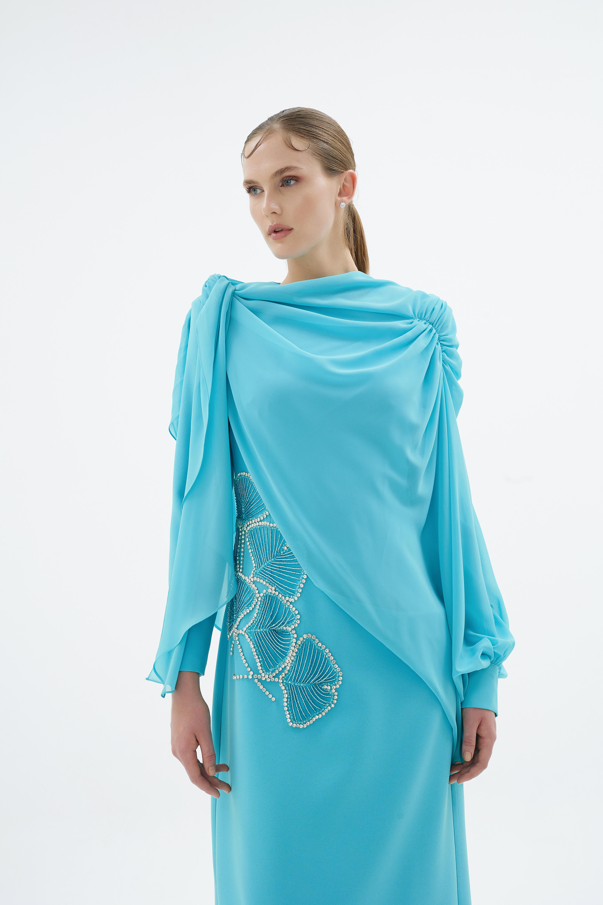 Peony Nakişli Elbise Turkuaz