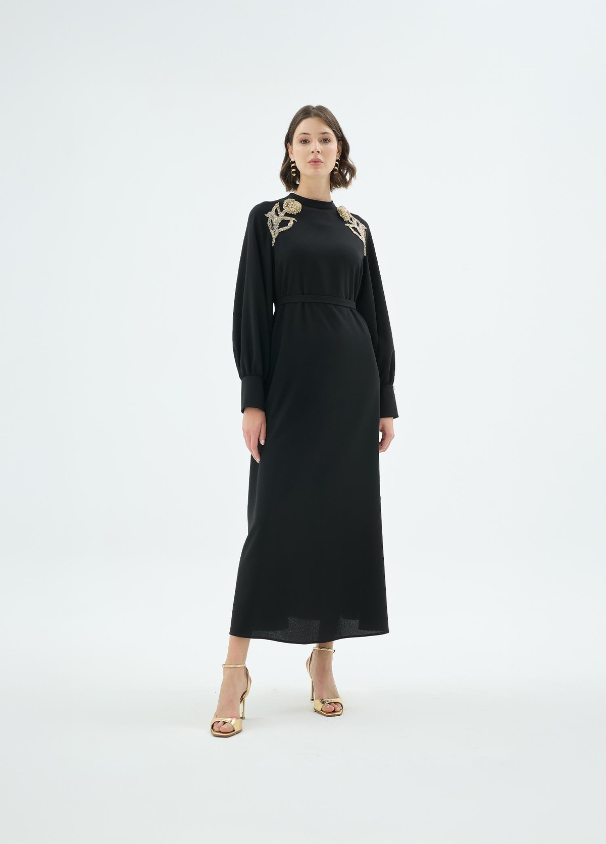 Rose El İşçiliği Gül Motifli Elbise Siyah