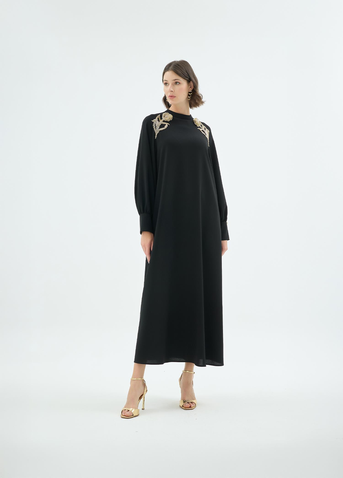 Rose El İşçiliği Gül Motifli Elbise Siyah