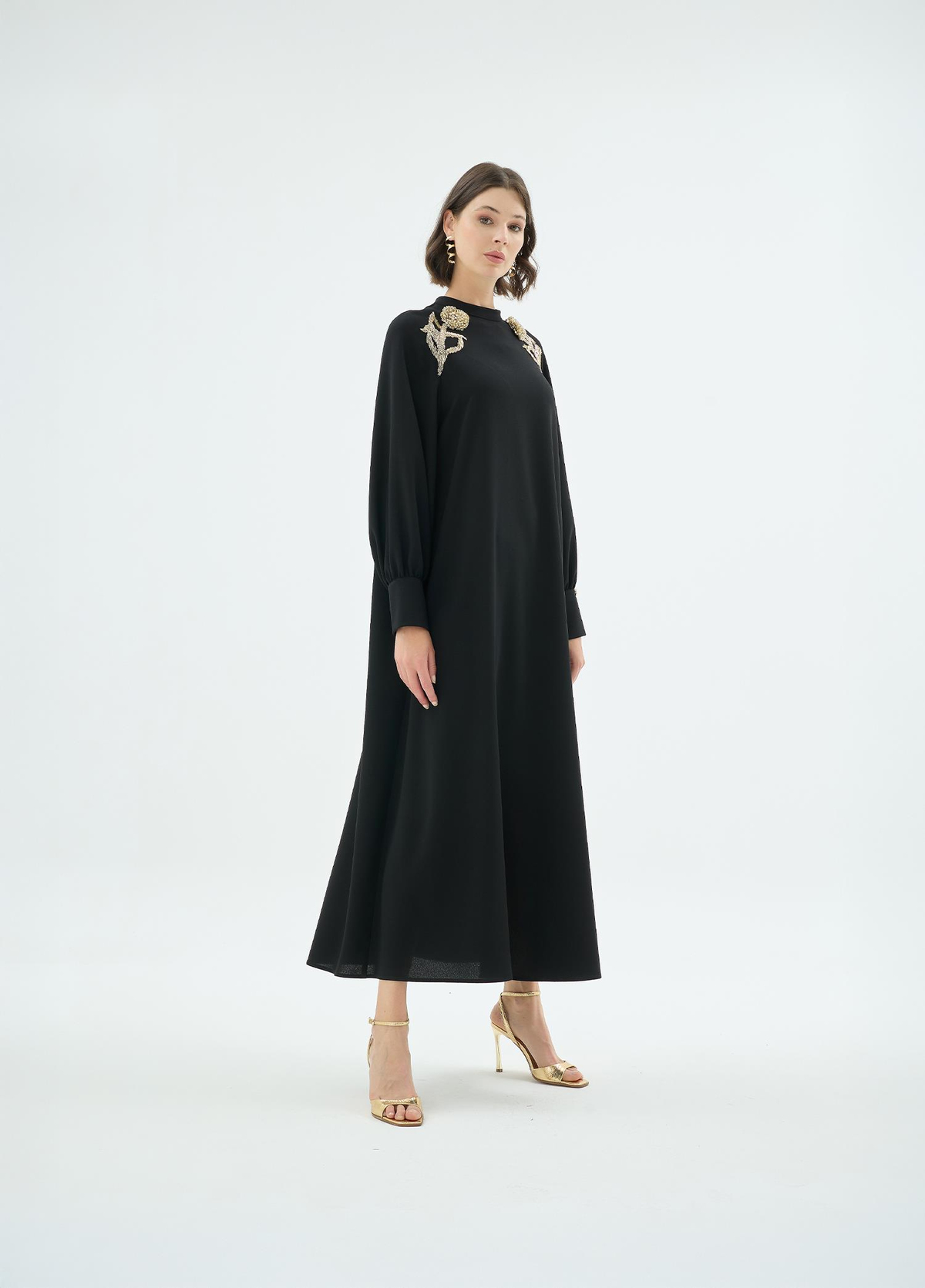 Rose El İşçiliği Gül Motifli Elbise Siyah