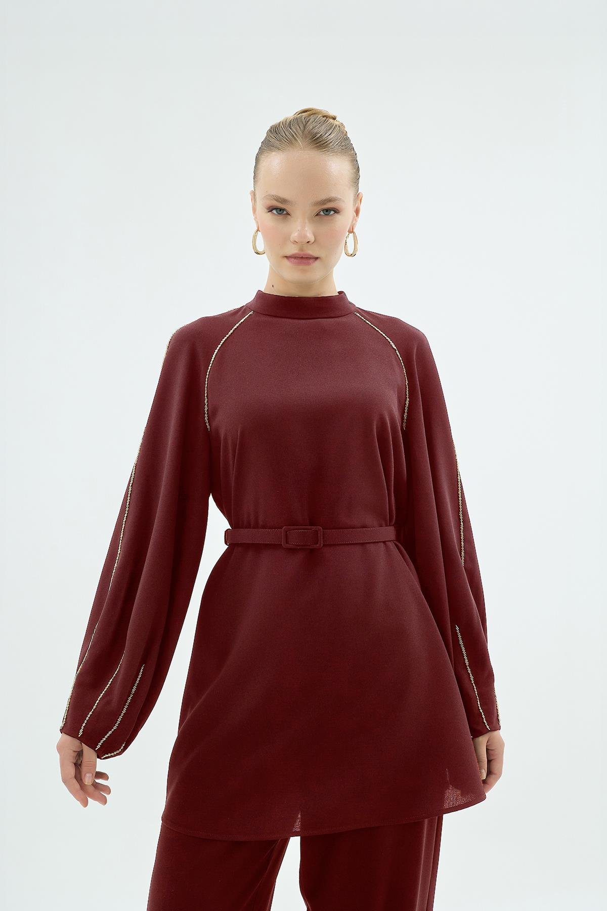 Tina Kollari El İşleme Hakim Yaka Bluz Vişne