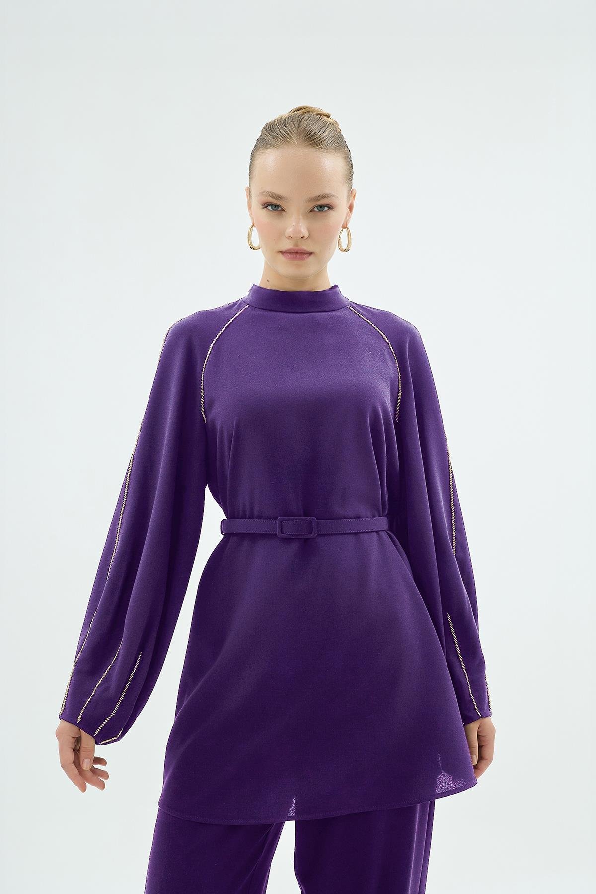 Tina Kollari El İşleme Hakim Yaka Bluz Mor