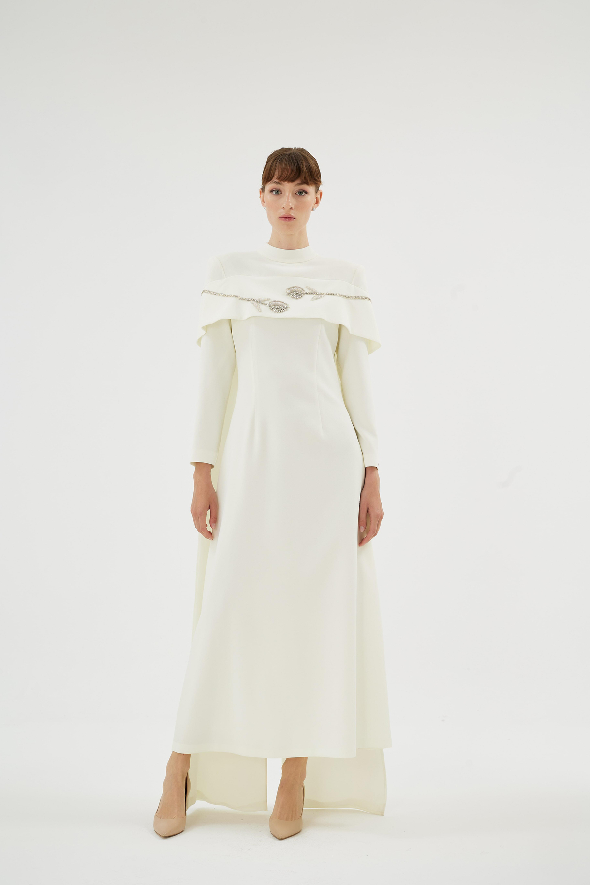 Vera Vera Lale Nakiş Desenli Şik Elbise Ekru