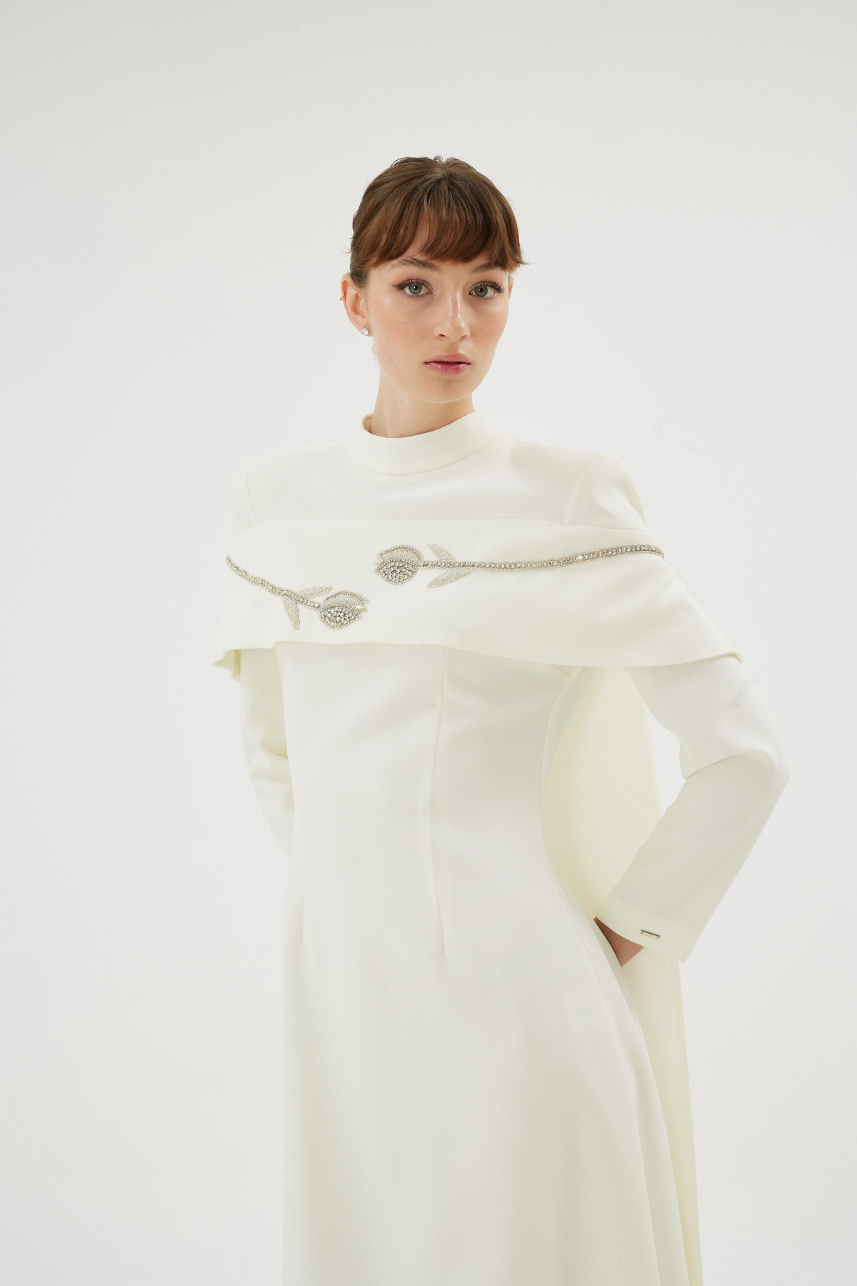 Vera Vera Lale Nakiş Desenli Şik Elbise Ekru