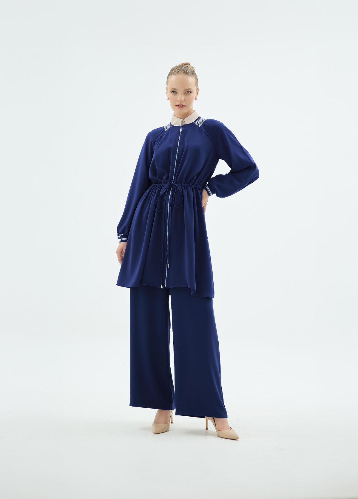 Vilma Ribanali Önü Fermuarlı Tunik ve Bol Paça Pantolon 2'li Takım Lacivert