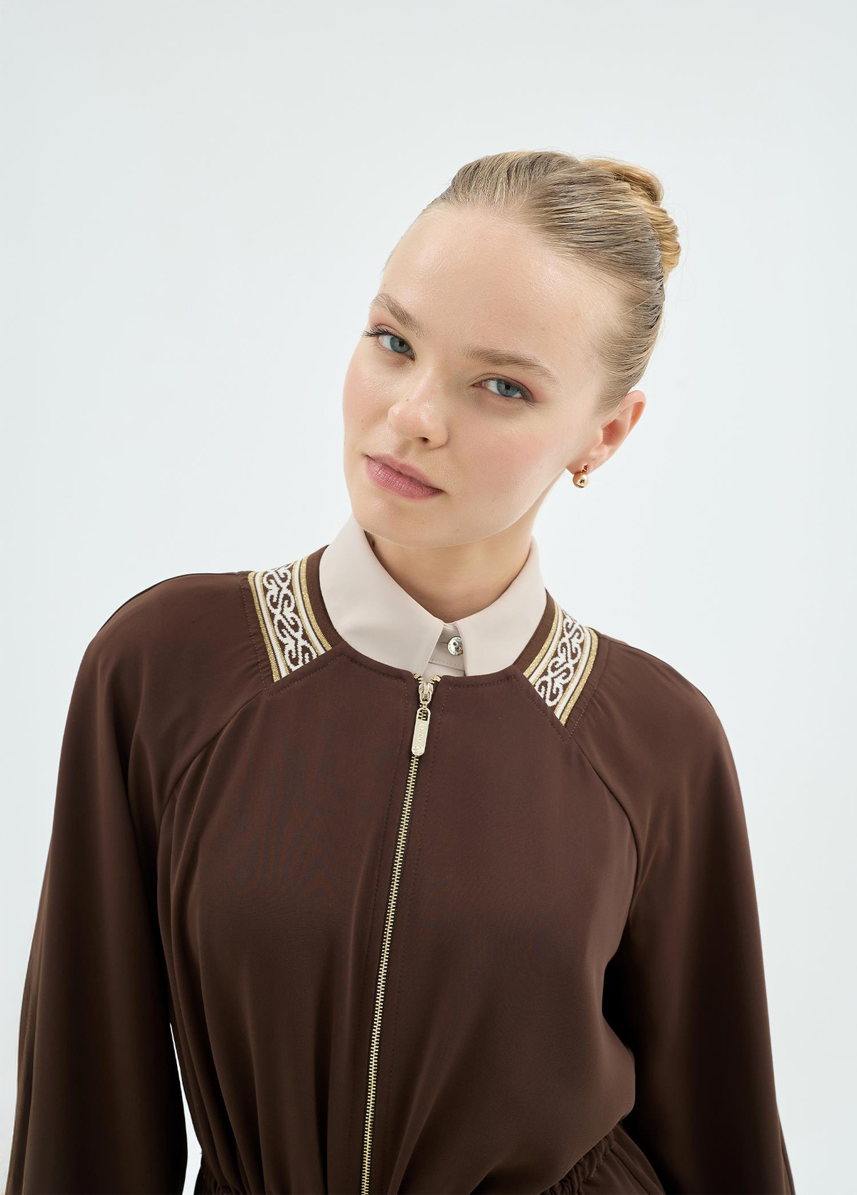 Vilma Ribanali Önü Fermuarlı Tunik ve Bol Paça Pantolon 2'li Takım Kahve