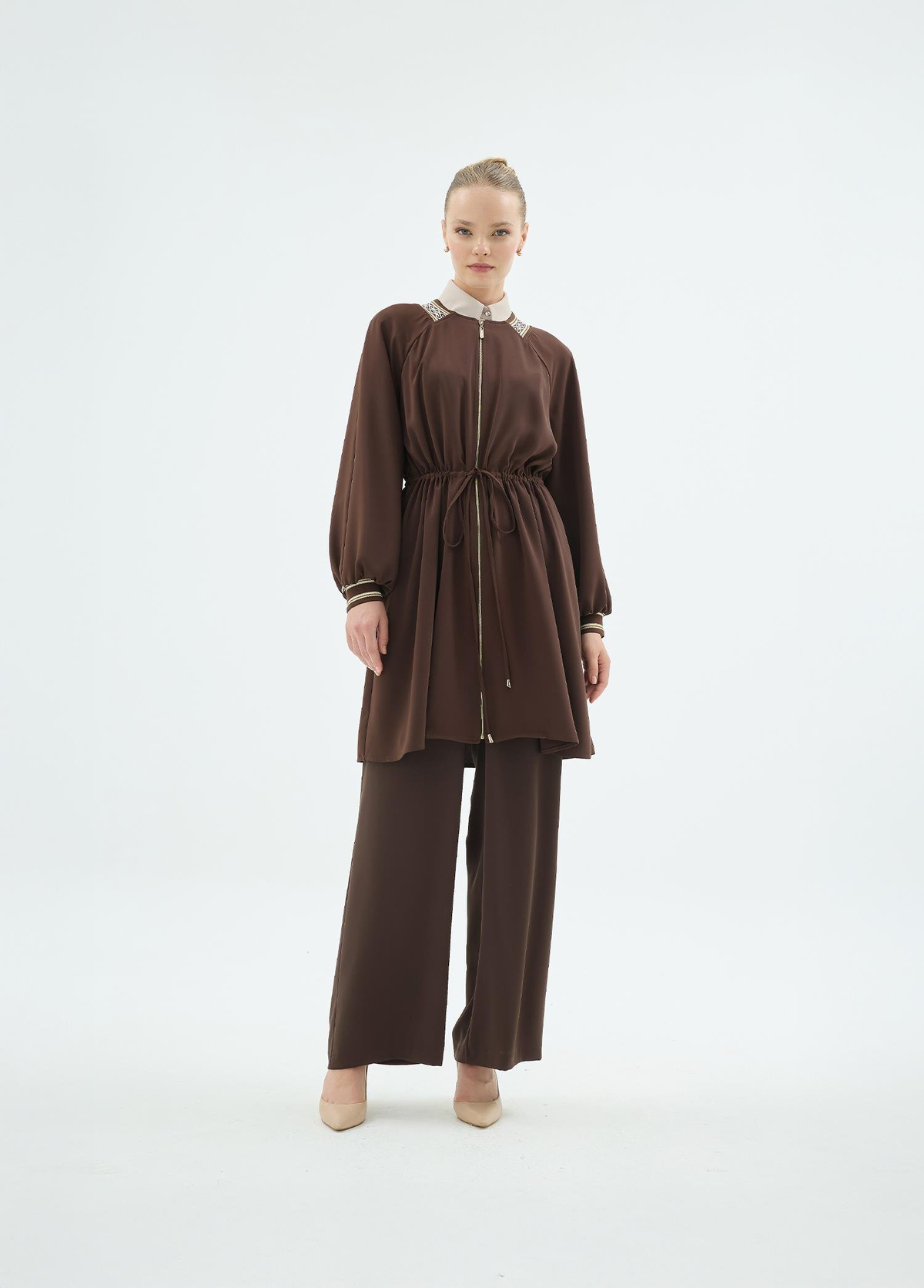 Vilma Ribanali Önü Fermuarlı Tunik ve Bol Paça Pantolon 2'li Takım Kahve