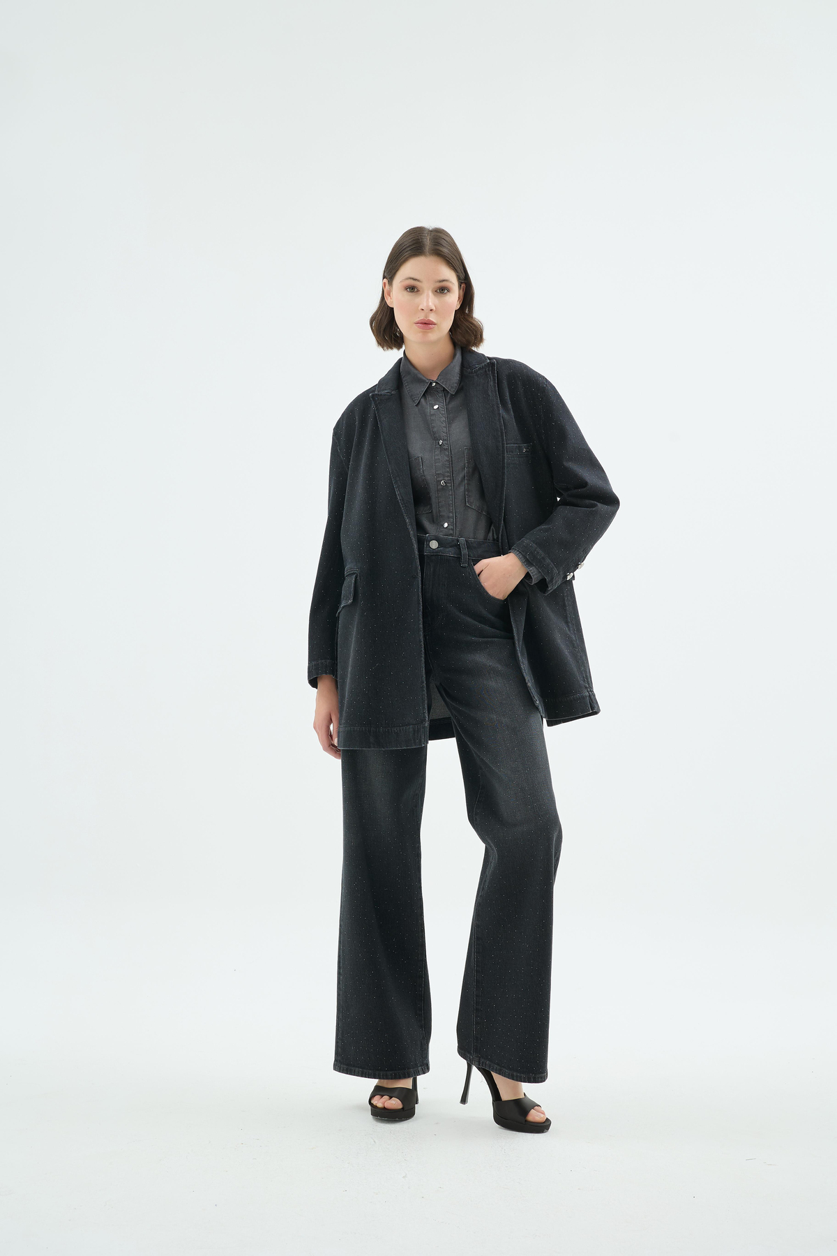 Ziva Işıltılı Taş Detaylı Denim Ceket Siyah