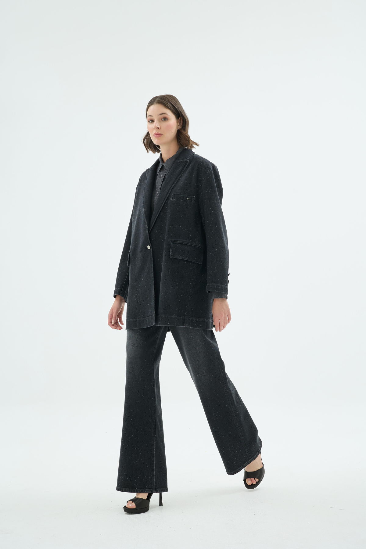 Ziva Işıltılı Taş Detaylı Denim Ceket Siyah