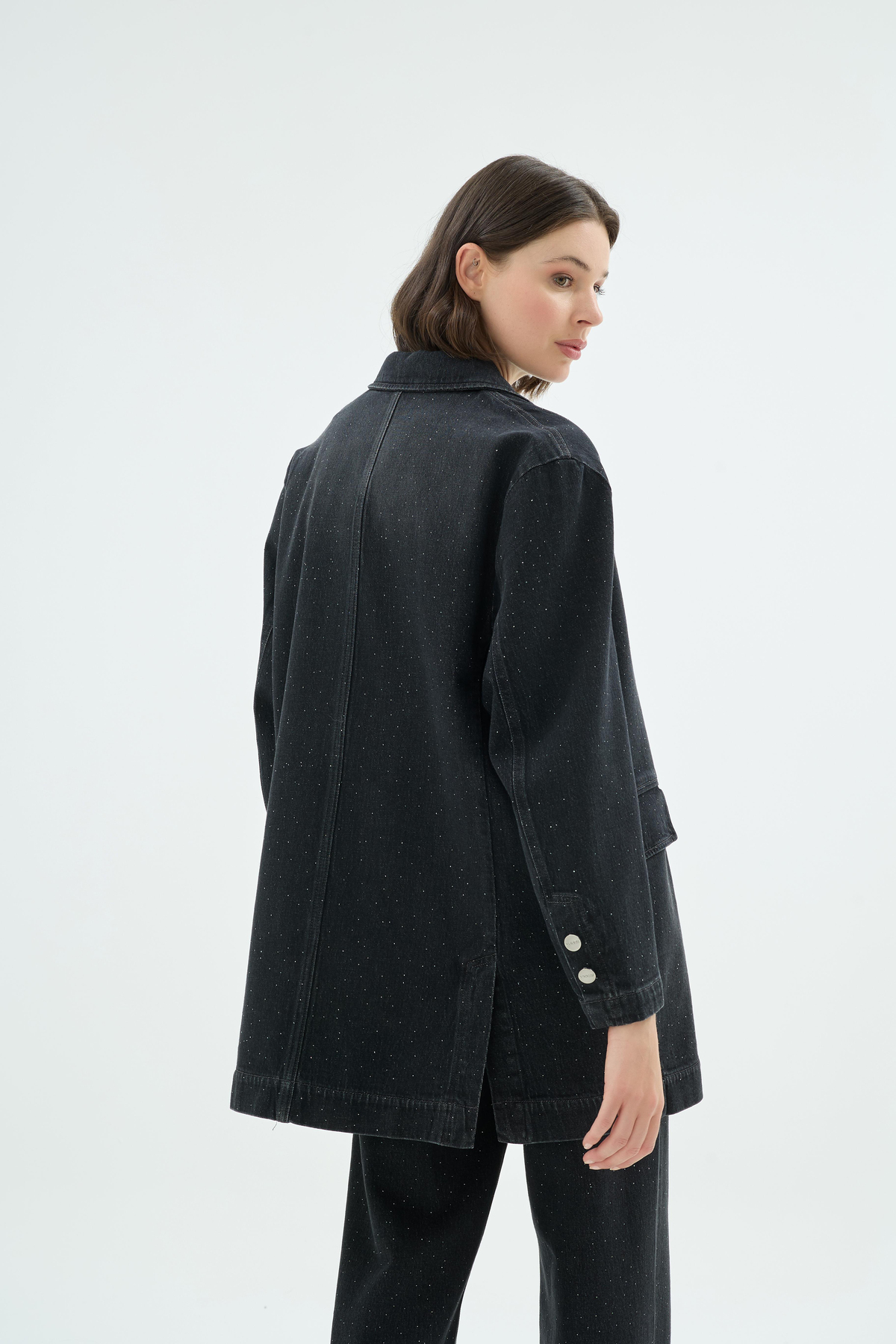 Ziva Işıltılı Taş Detaylı Denim Ceket Siyah