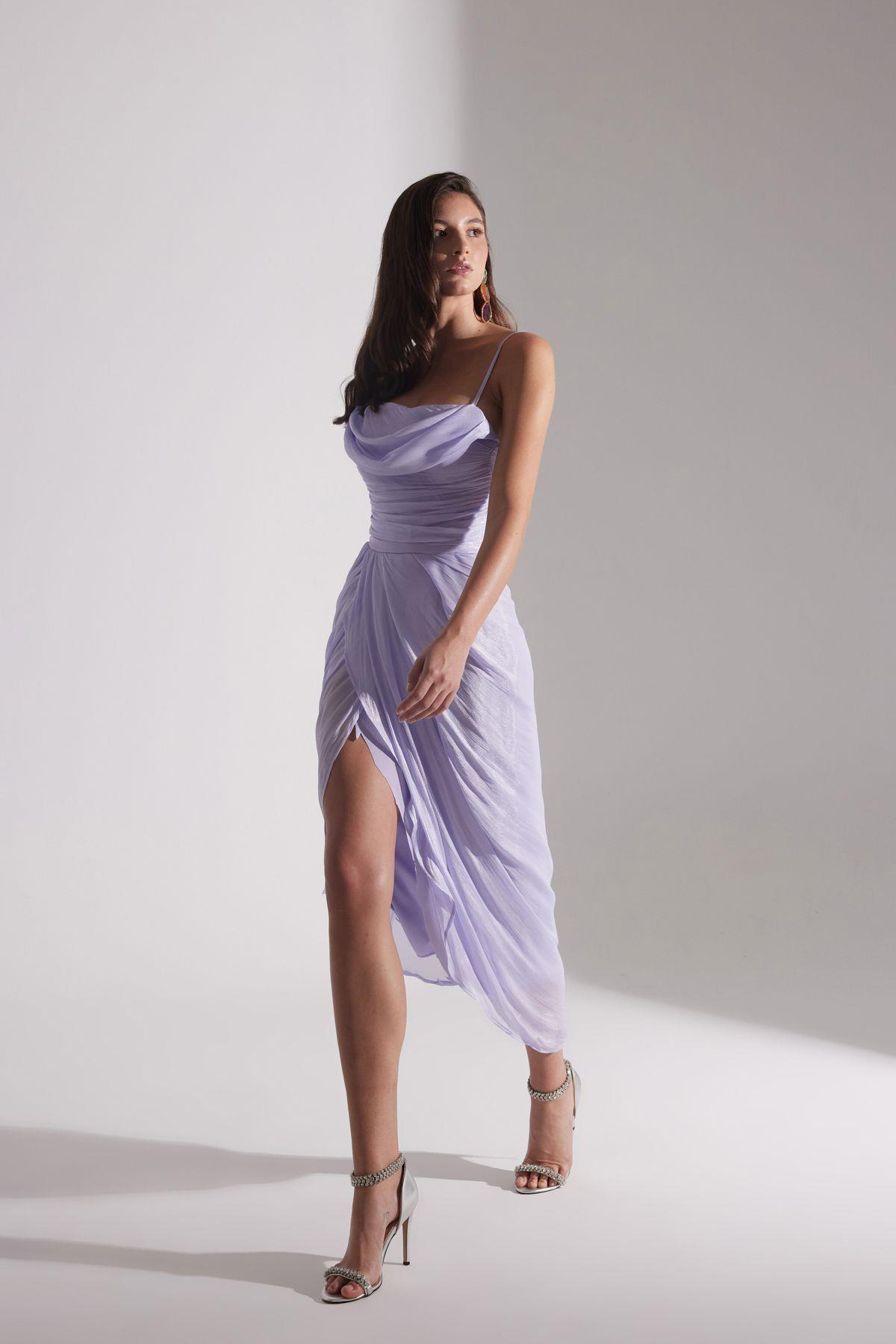 EVA DRAPELİ ASKILI GECE ELBİSESİ