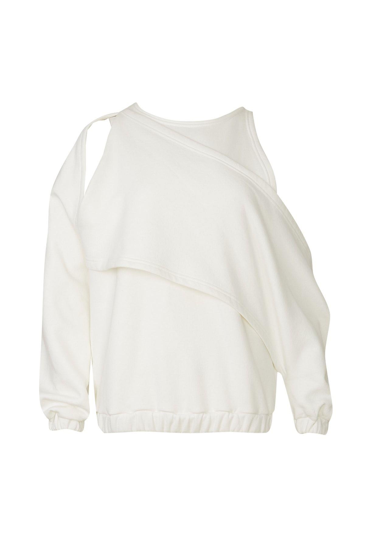 Kadın Düşük Kol Detaylı Beyaz Sweatshirt