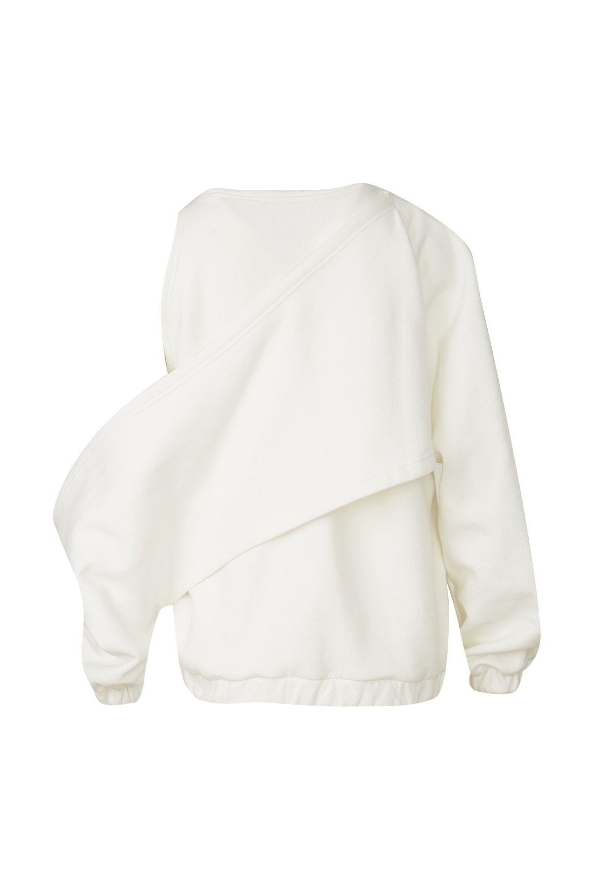 Kadın Düşük Kol Detaylı Beyaz Sweatshirt