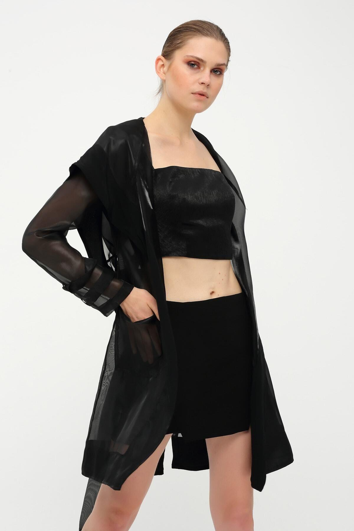 Kadın Organza Siyah Kapüşonlu Ceket 5069
