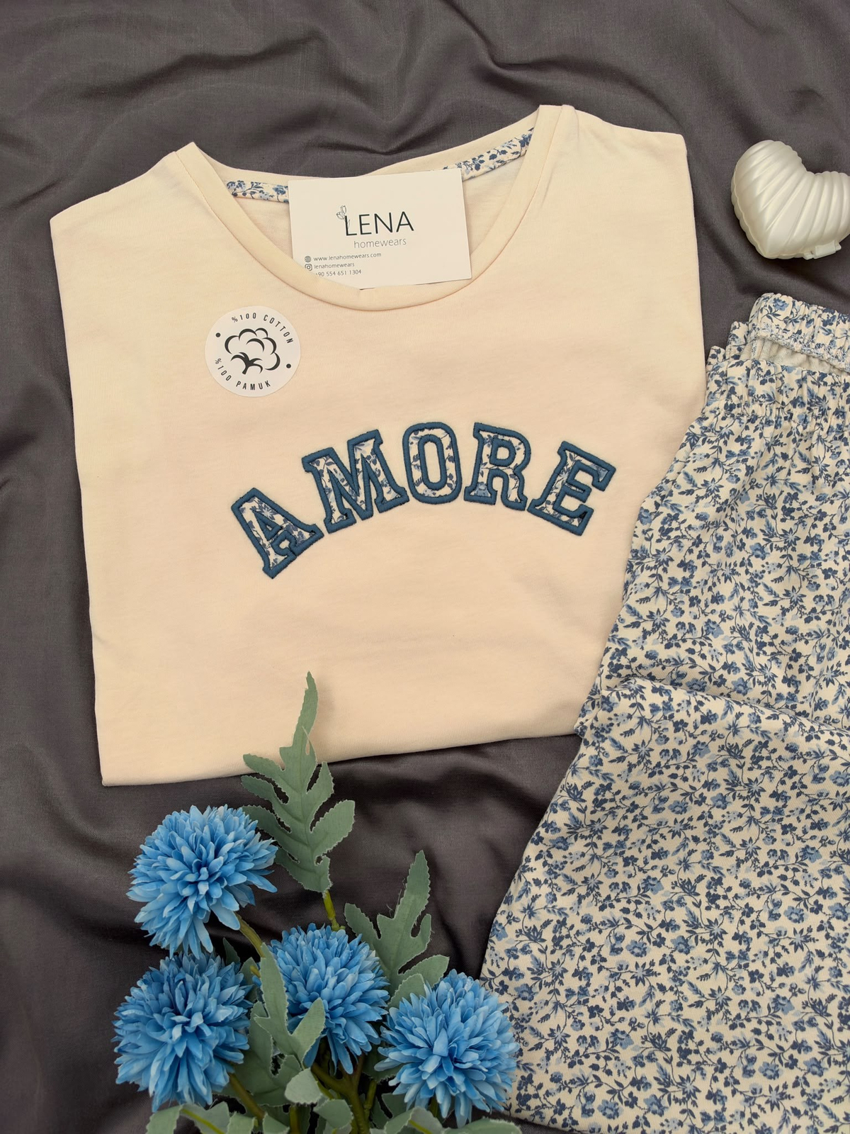 Bej Amore Pamuklu Uzun Kollu Pijama Takımı