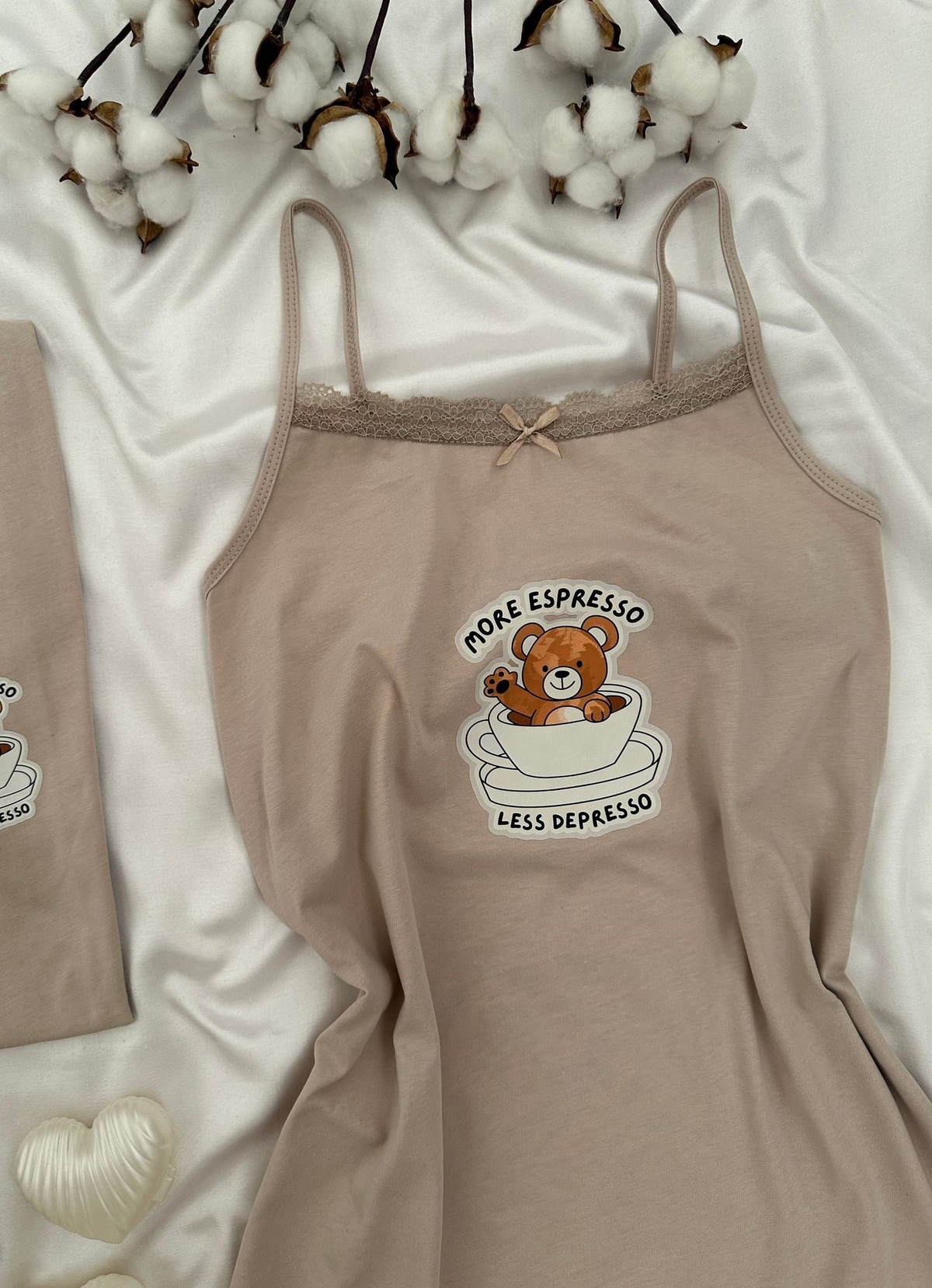 Bej Ayıcık Gecelikli Çift Pijama Takımı
