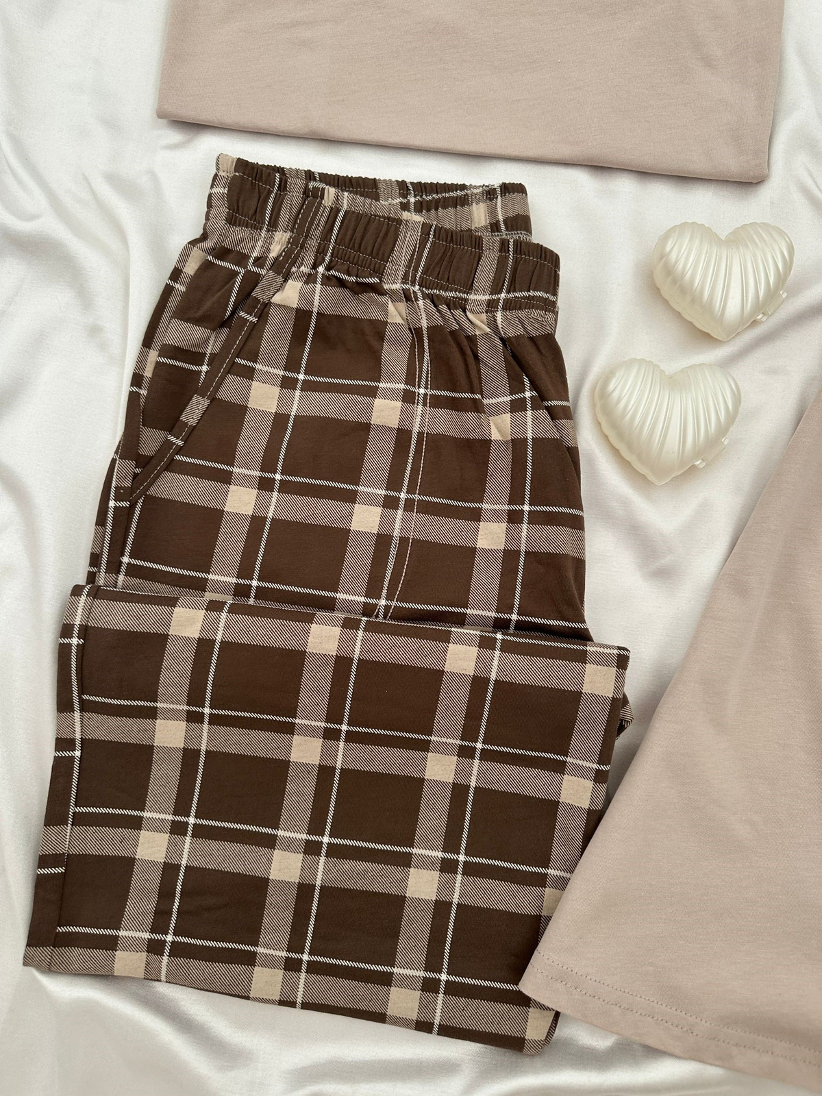 Bej Ayıcık Gecelikli Çift Pijama Takımı