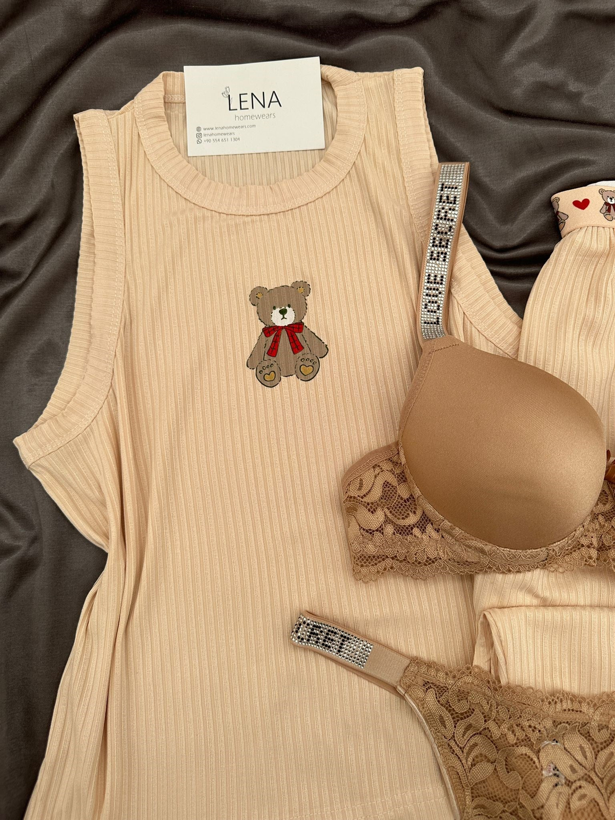 Bej Dörtlü Miray Askılı Pijama Takımı