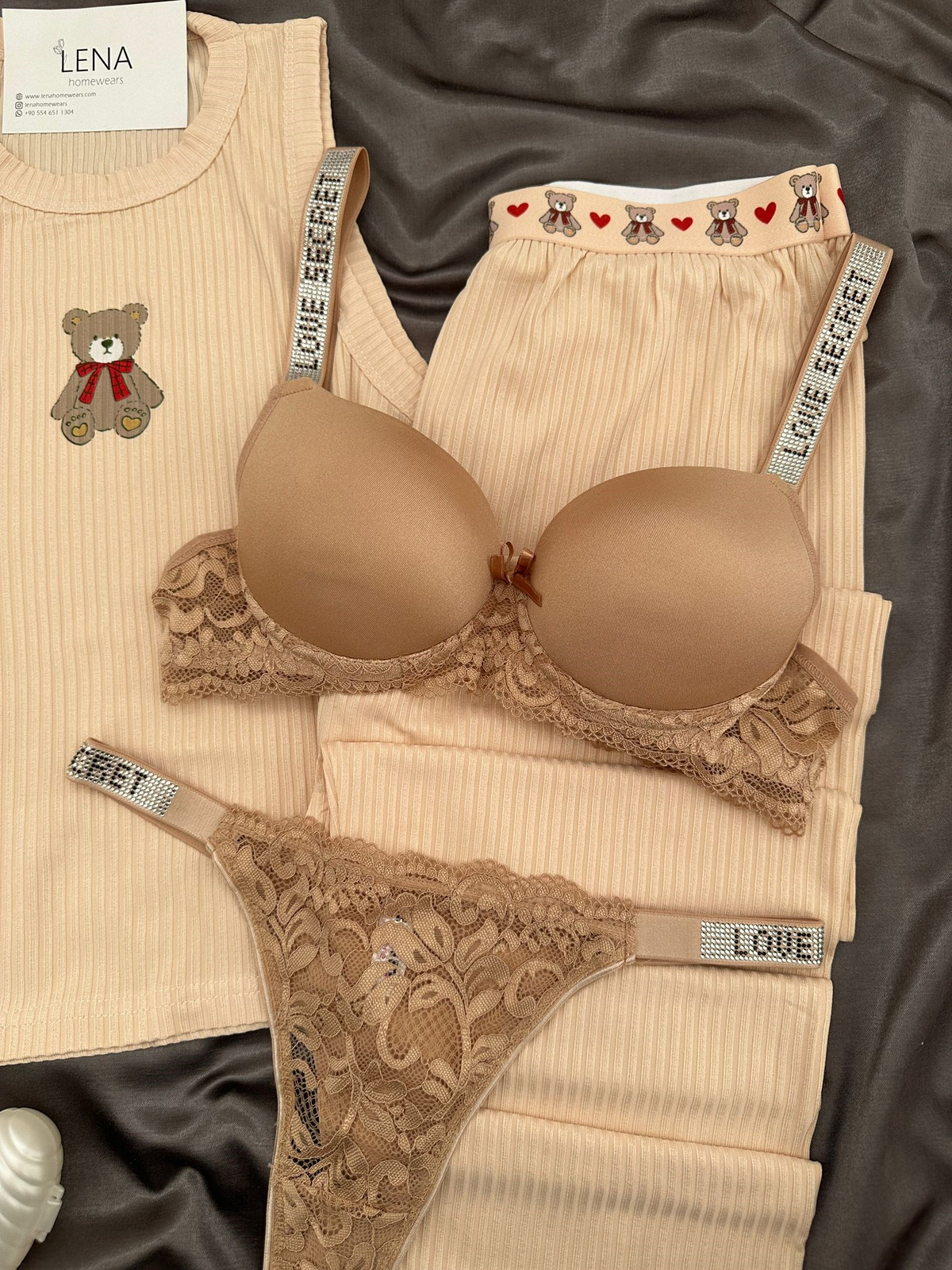 Bej Dörtlü Miray Askılı Pijama Takımı