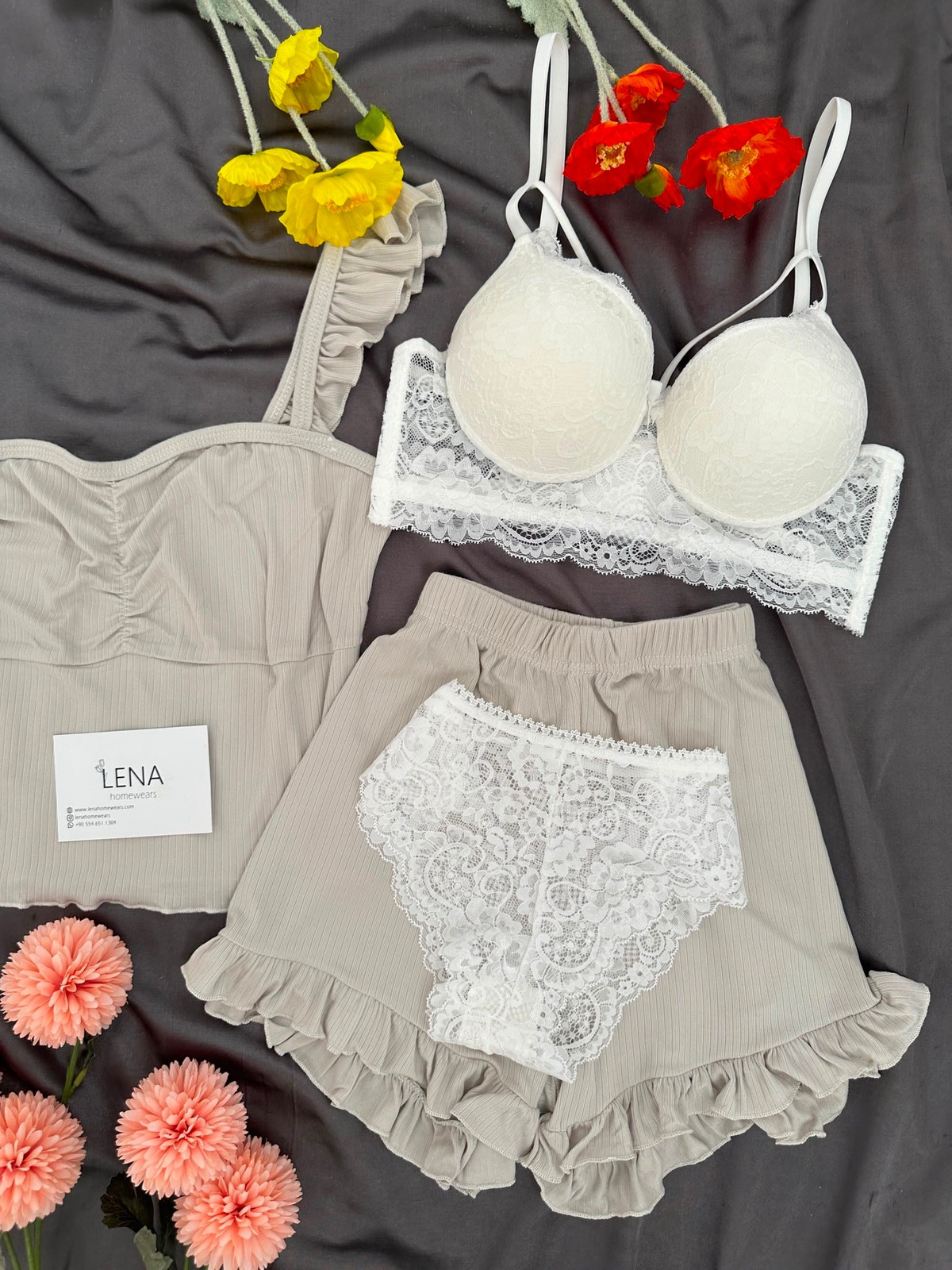 Bej Milas Şortlu Pijama & Çamaşır Seti