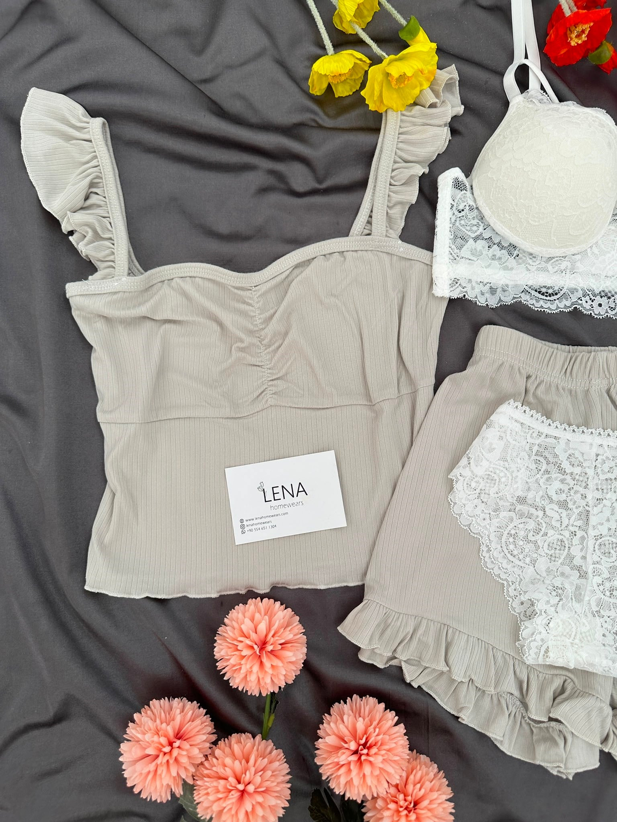 Bej Milas Şortlu Pijama & Çamaşır Seti