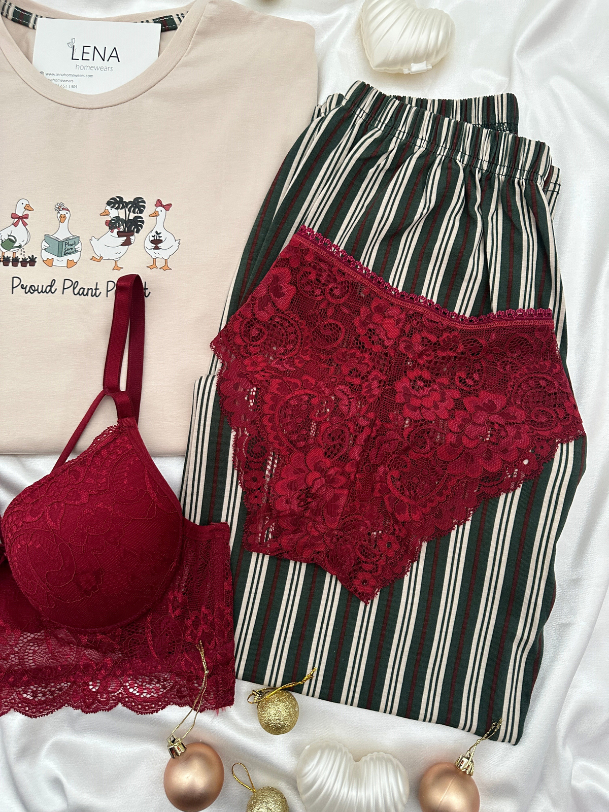 Bej Ördek Desenli Çizgili 4'lü Pamuklu Pijama Takımı