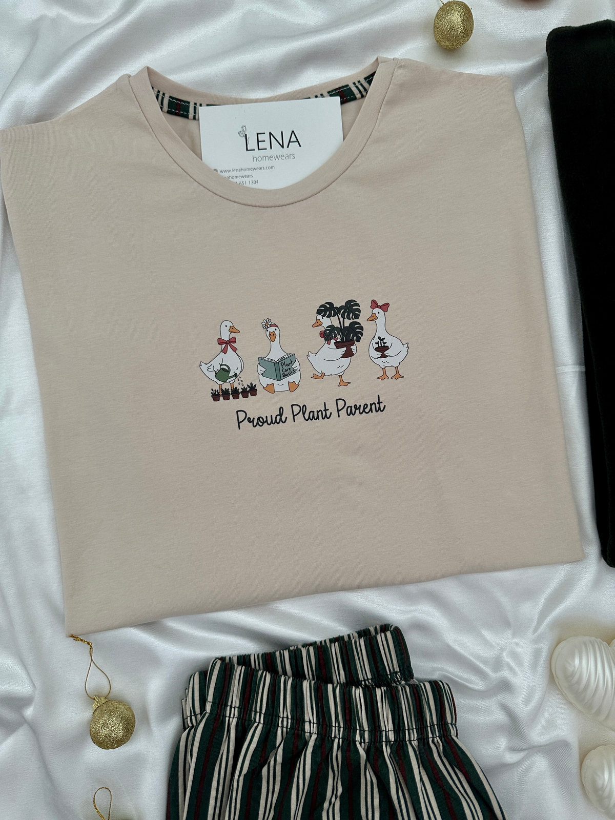 Bej Ördek ve Haki Ekose Günlük Rahat Sevgili Çift Uzun Kollu Pijama Takımı (2'li Set)