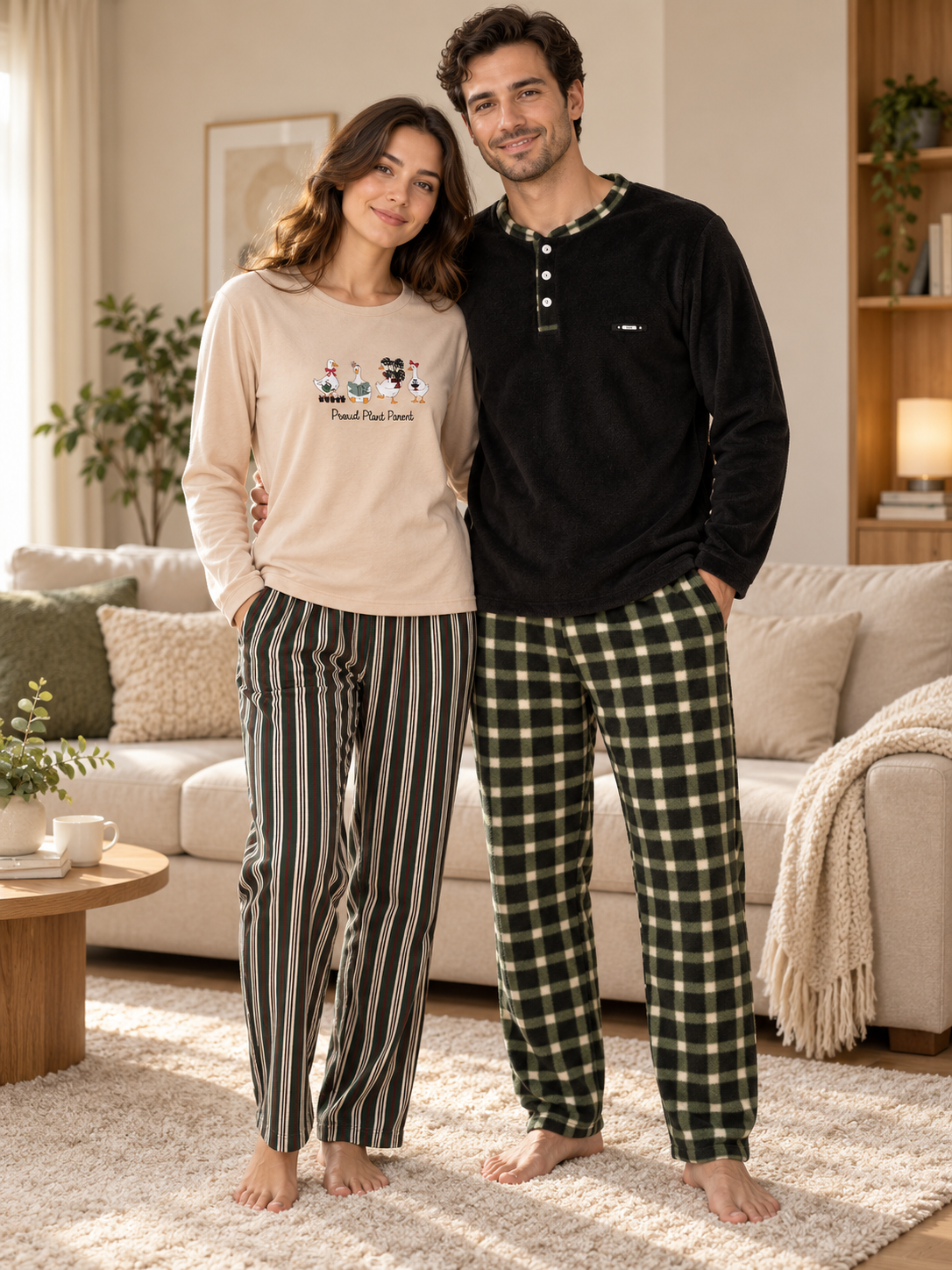 Bej Ördek ve Haki Ekose Günlük Rahat Sevgili Çift Uzun Kollu Pijama Takımı (2'li Set)