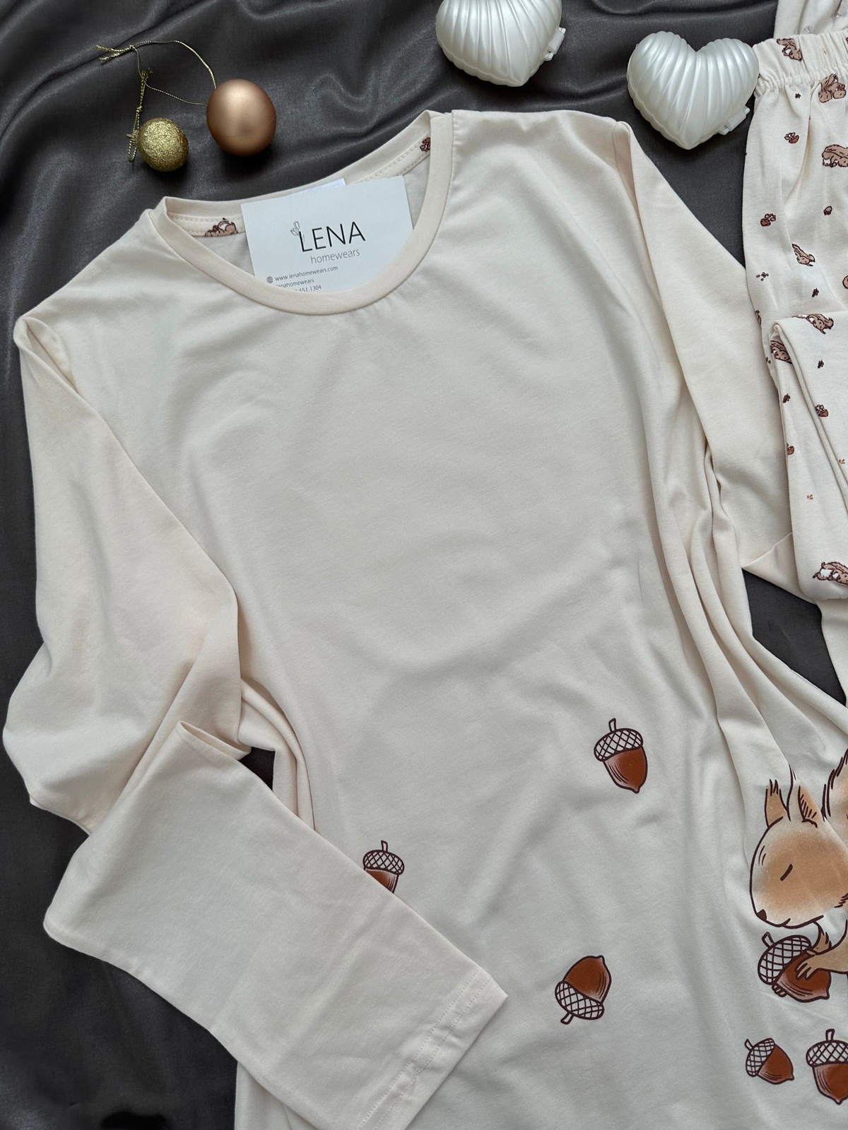 Bej Sincap Desenli Pamuklu Uzun Kollu Pijama Takımı
