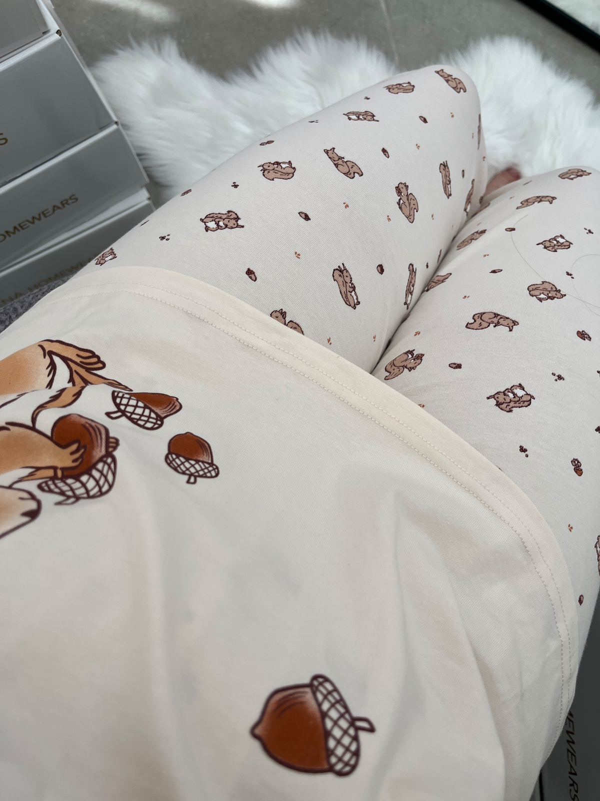 Bej Sincap Desenli Pamuklu Uzun Kollu Pijama Takımı