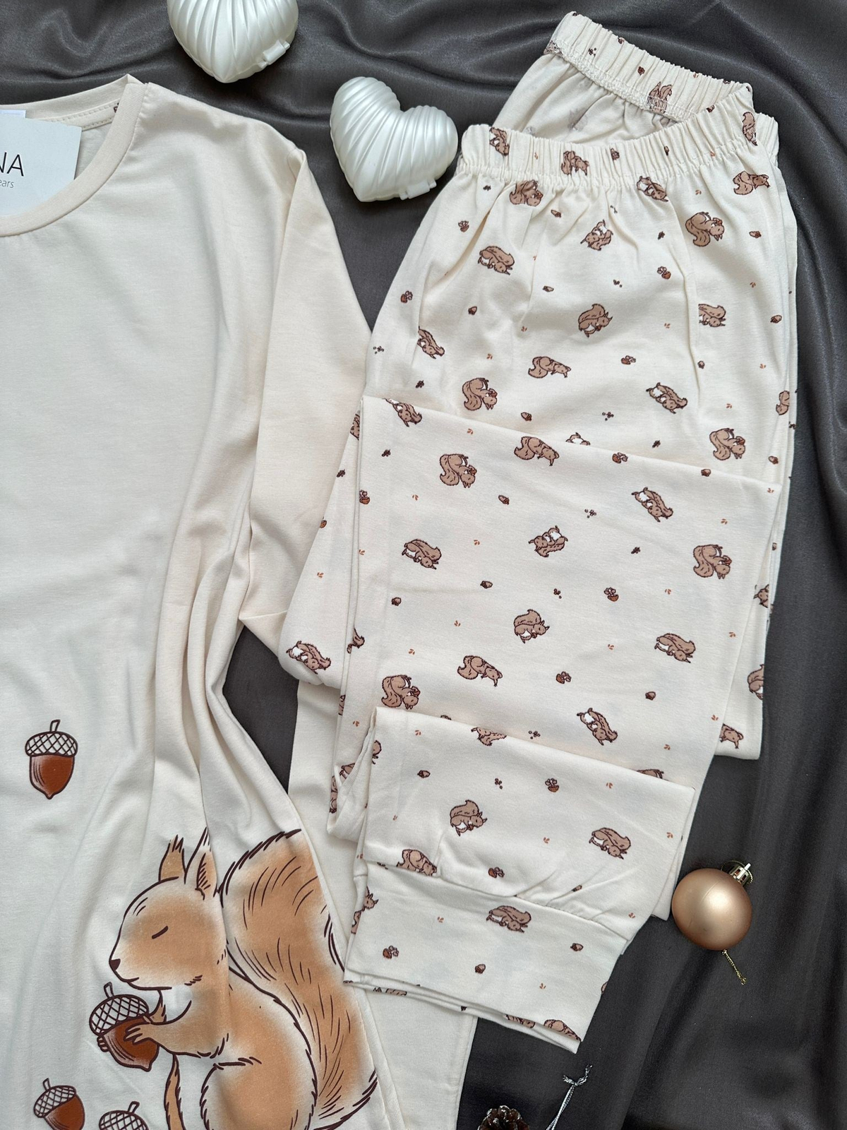Bej Sincap Desenli Pamuklu Uzun Kollu Pijama Takımı