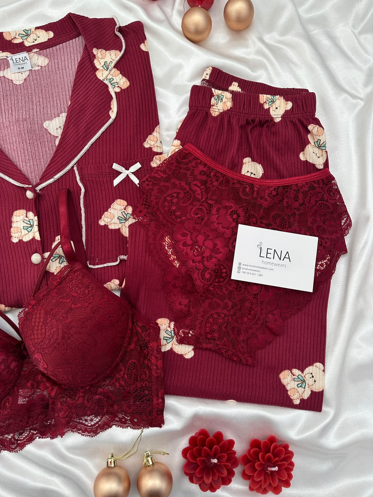 Bordo Ayıcık 4'lü Pijama & Çamaşır Seti 