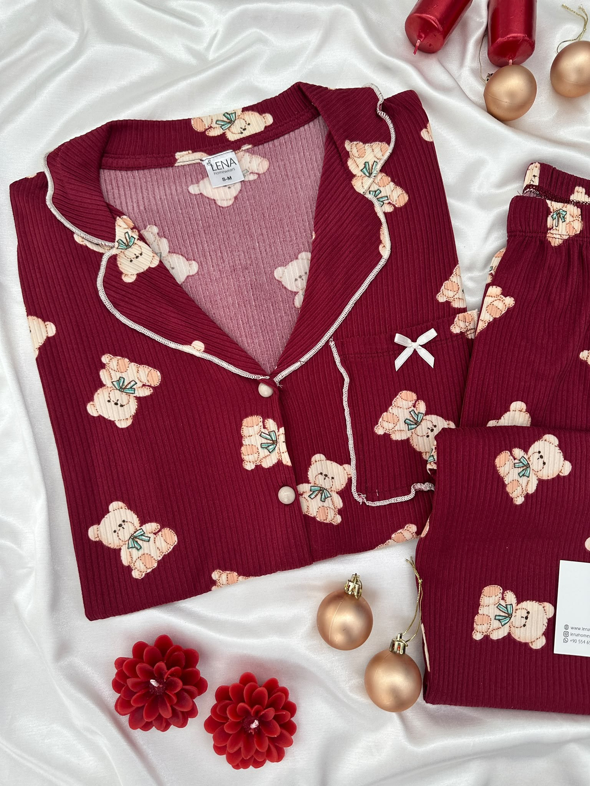 Bordo Ayıcık Uzun Kollu Termosoft Pijama Takımı