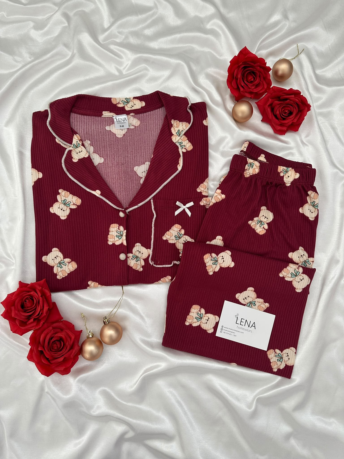 Bordo Ayıcık Uzun Kollu Termosoft Pijama Takımı