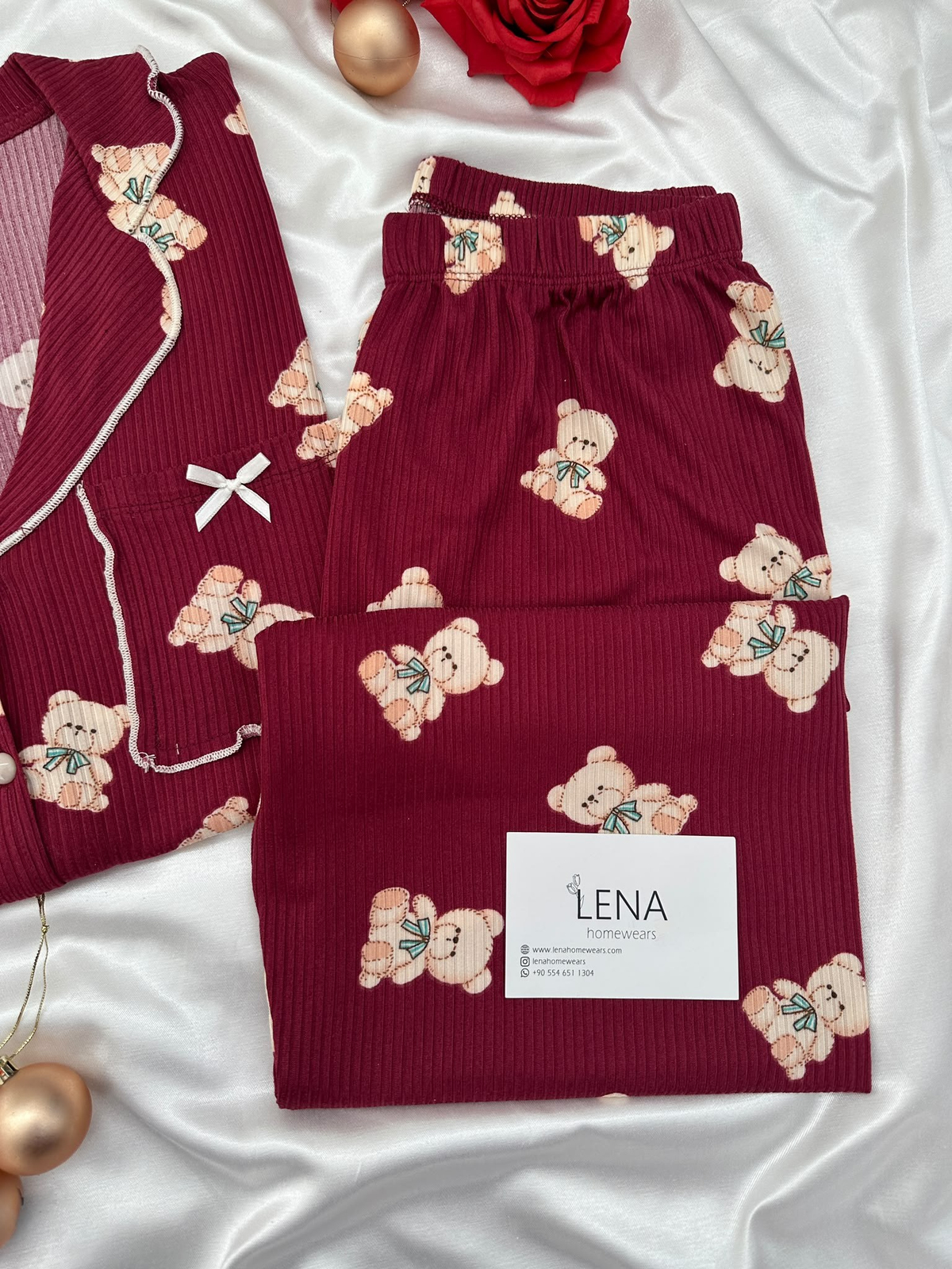 Bordo Ayıcık Uzun Kollu Termosoft Pijama Takımı
