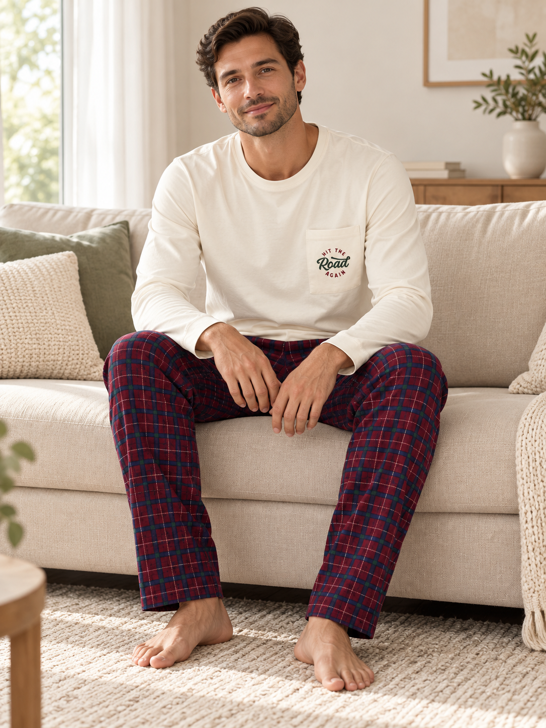 Bordo Ekose Erkek Uzun kollu Pamuklu Pijama Takımı