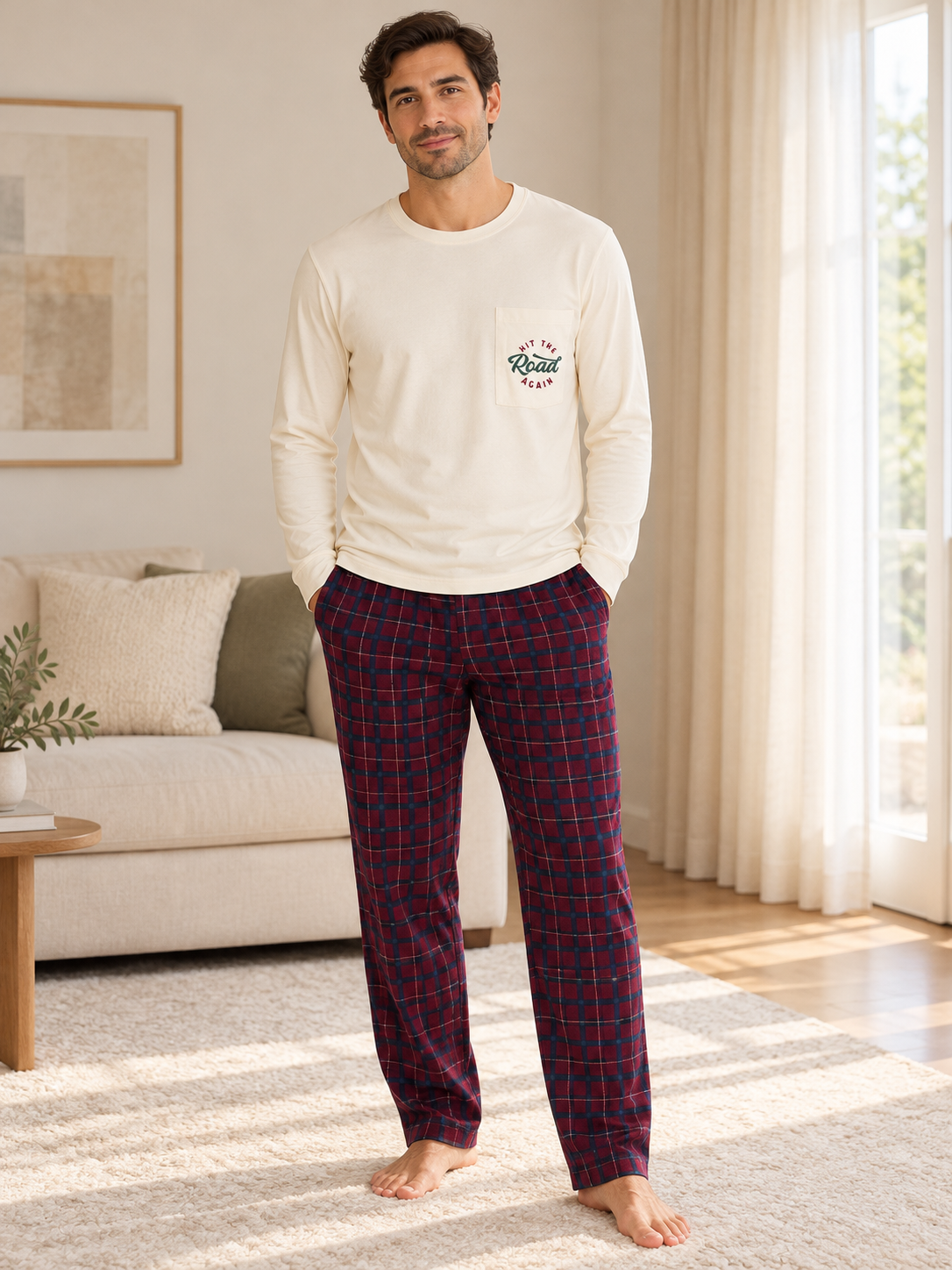 Bordo Ekose Erkek Uzun kollu Pamuklu Pijama Takımı