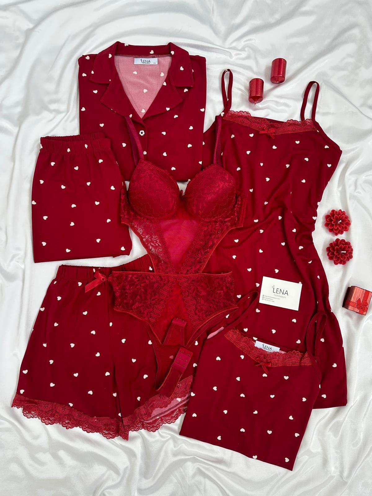 Bordo Lüks 6'lı Yazlık Pijama Takım 